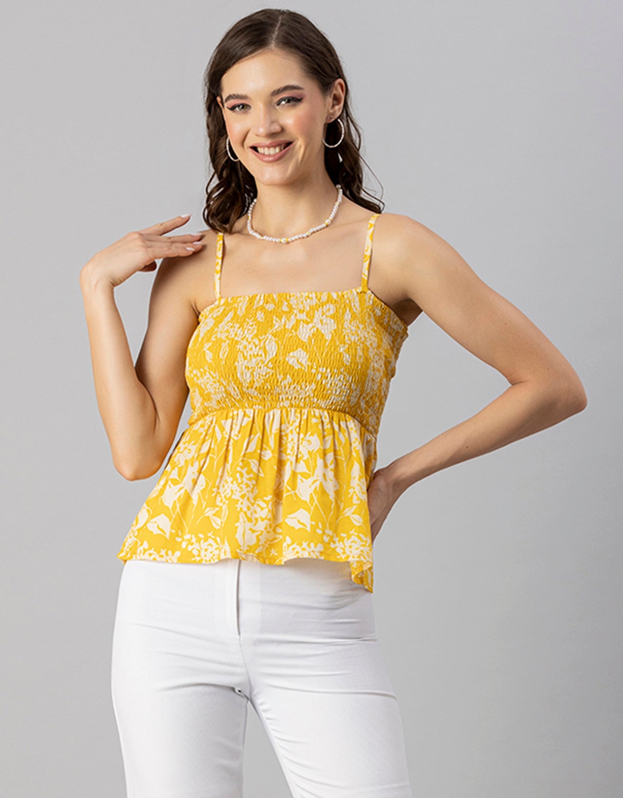 Printed Square Neck Smocked Top