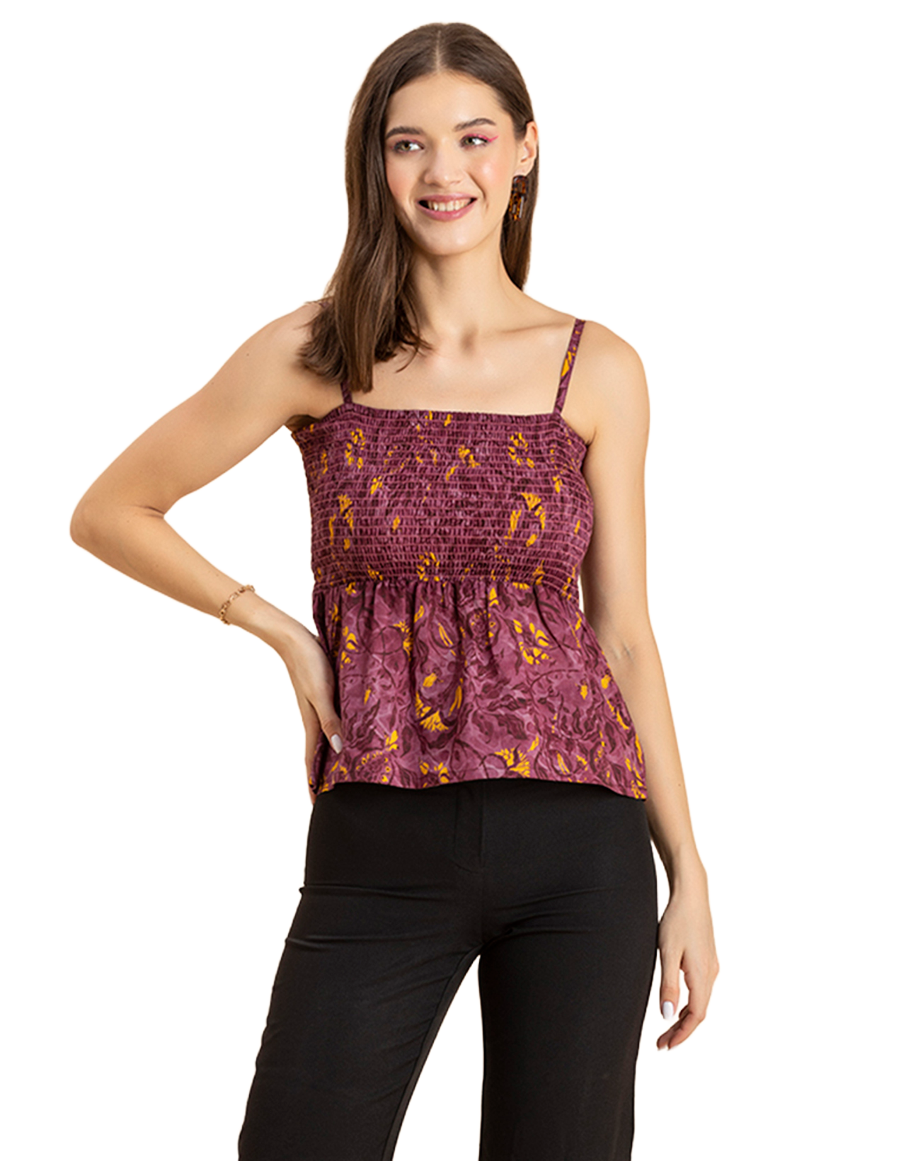 Printed Square Neck Smocked Top