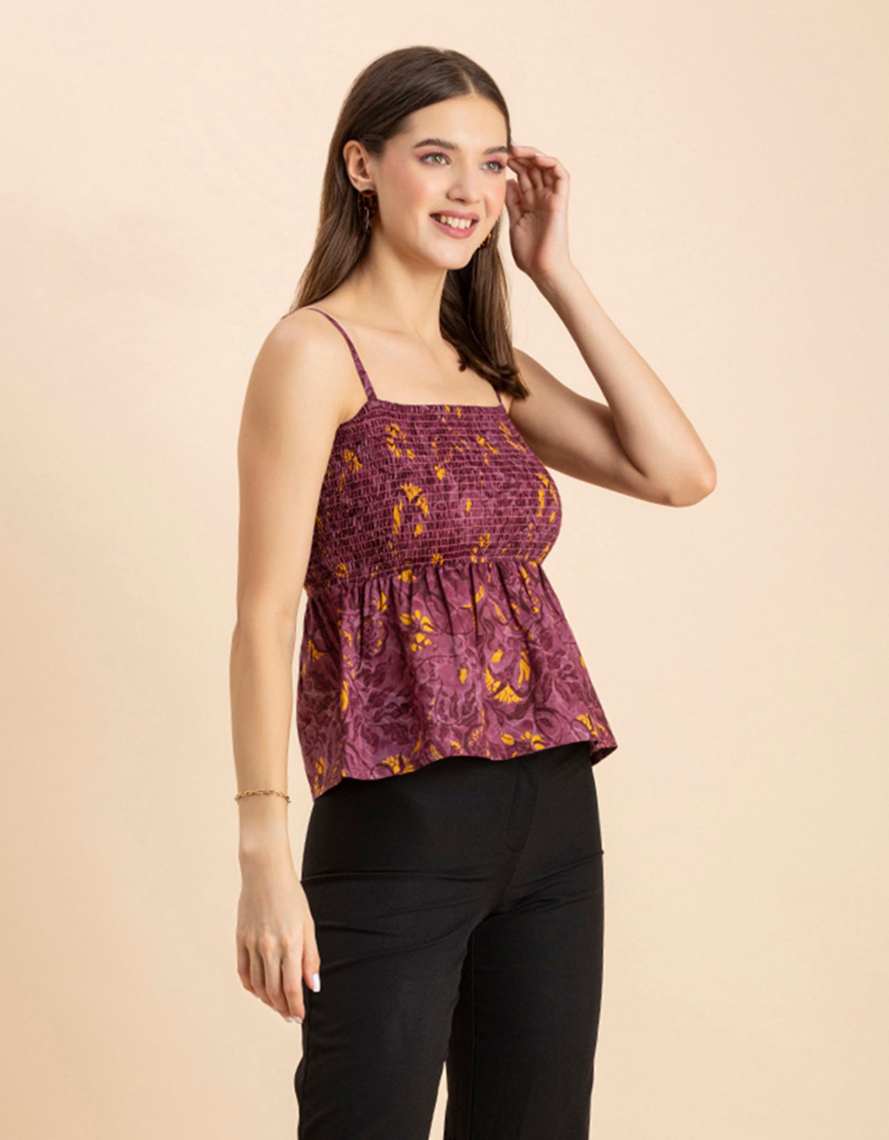 Printed Square Neck Smocked Top