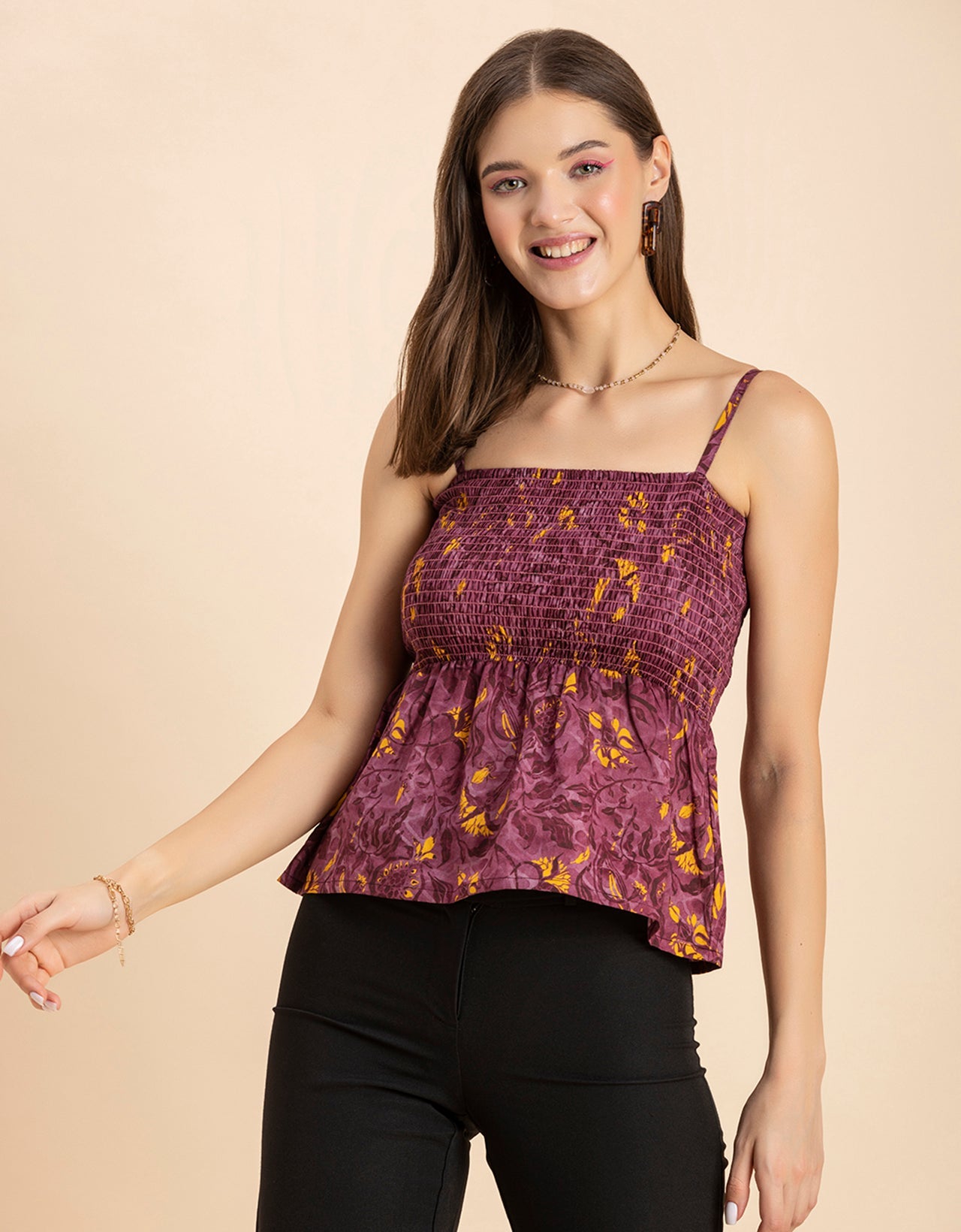 Printed Square Neck Smocked Top