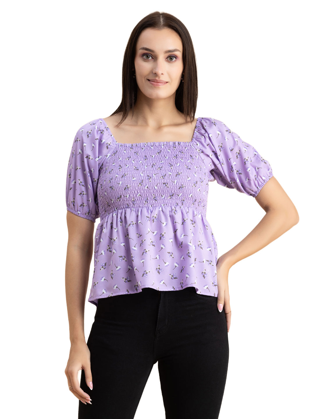 Printed Smocked Square Neck