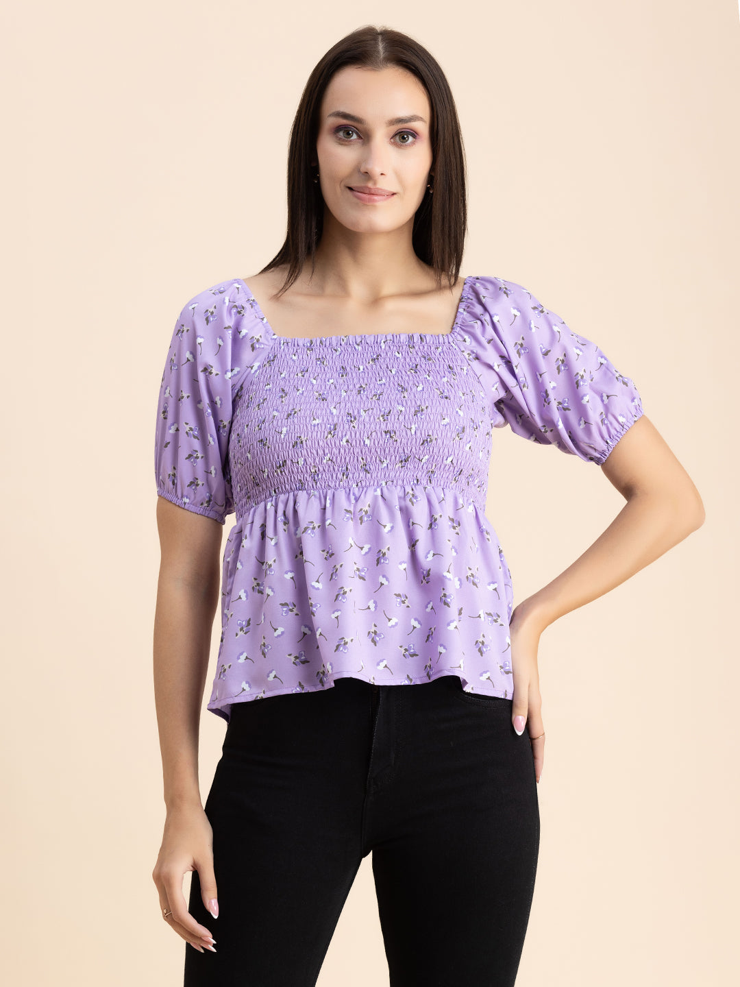 Printed Smocked Square Neck