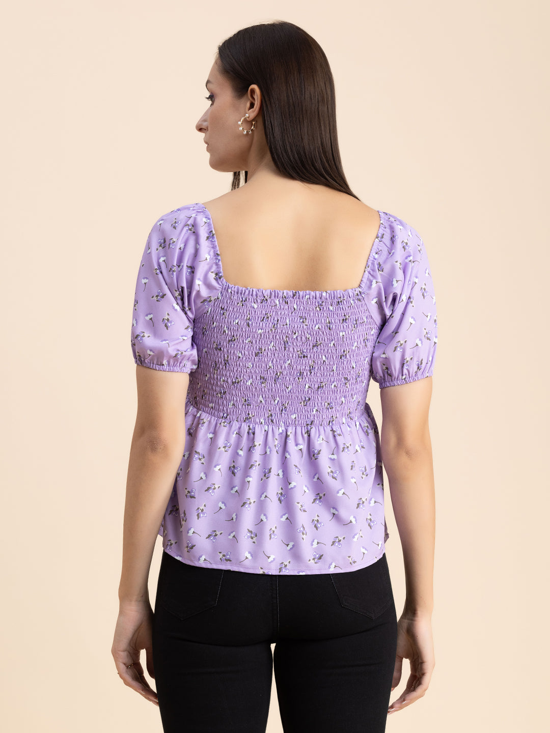 Printed Smocked Square Neck