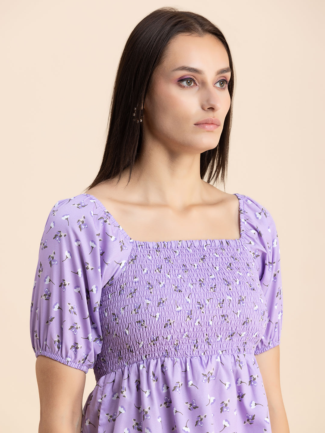 Printed Smocked Square Neck