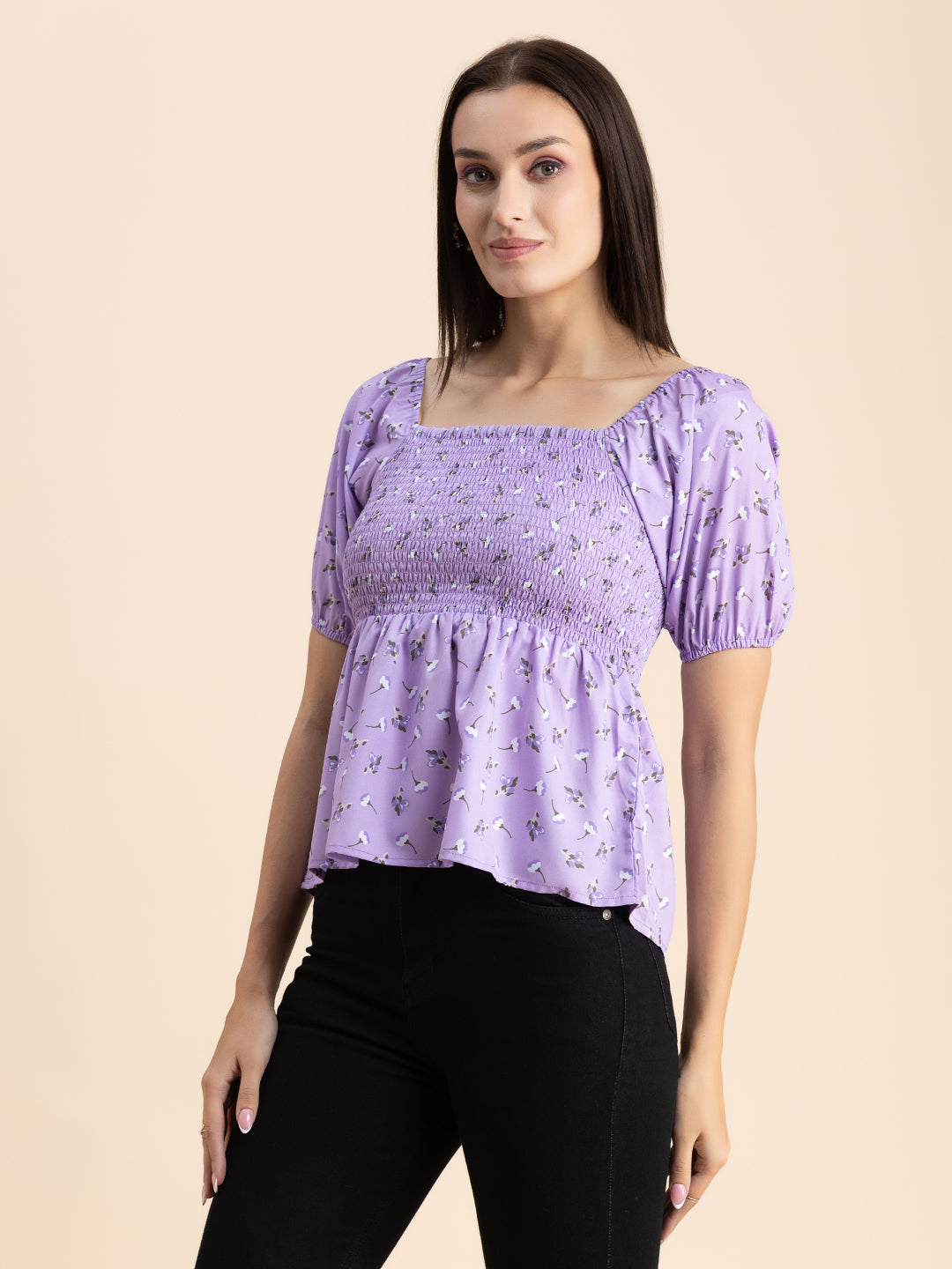 Printed Smocked Square Neck