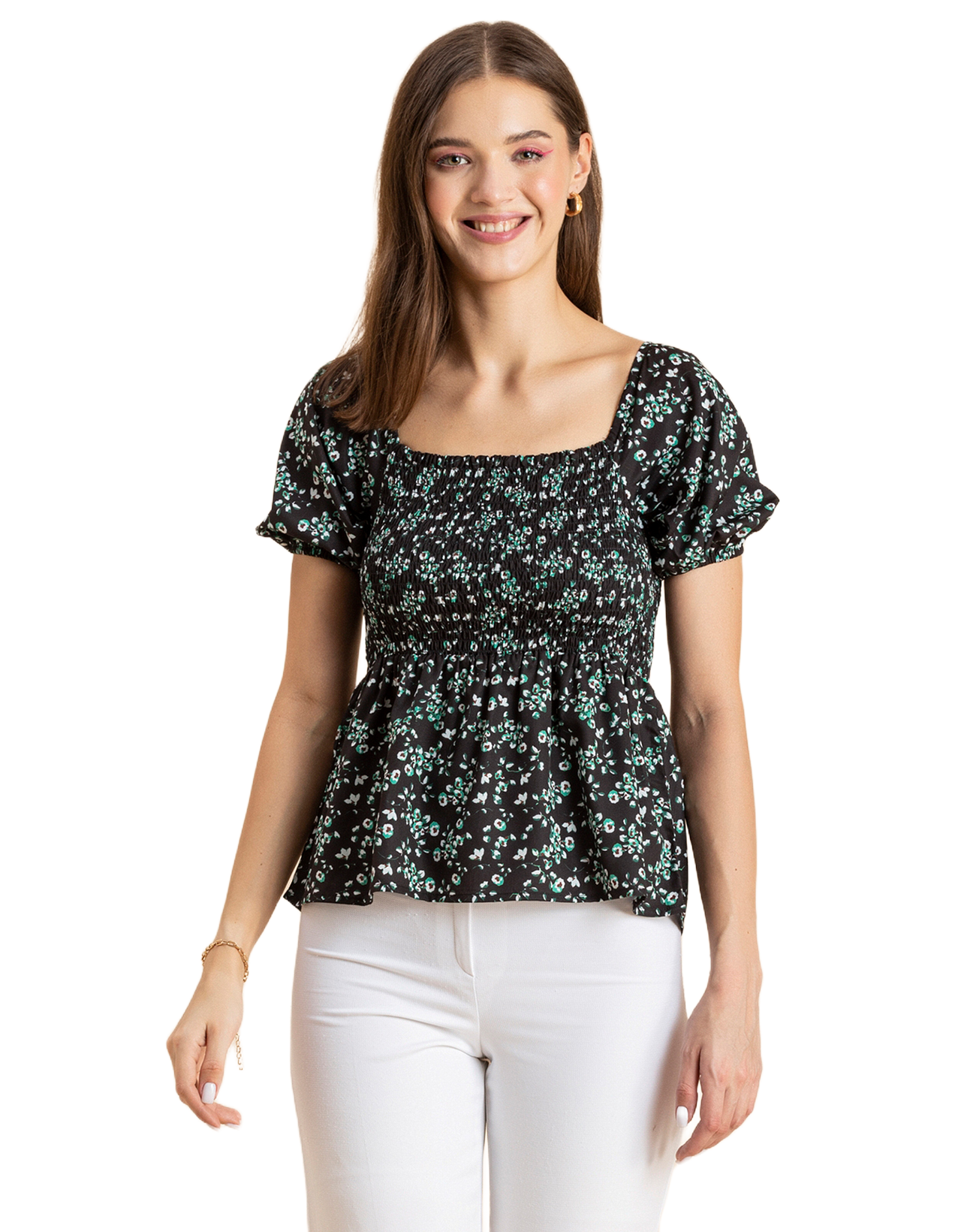Printed Smocked Square Neck