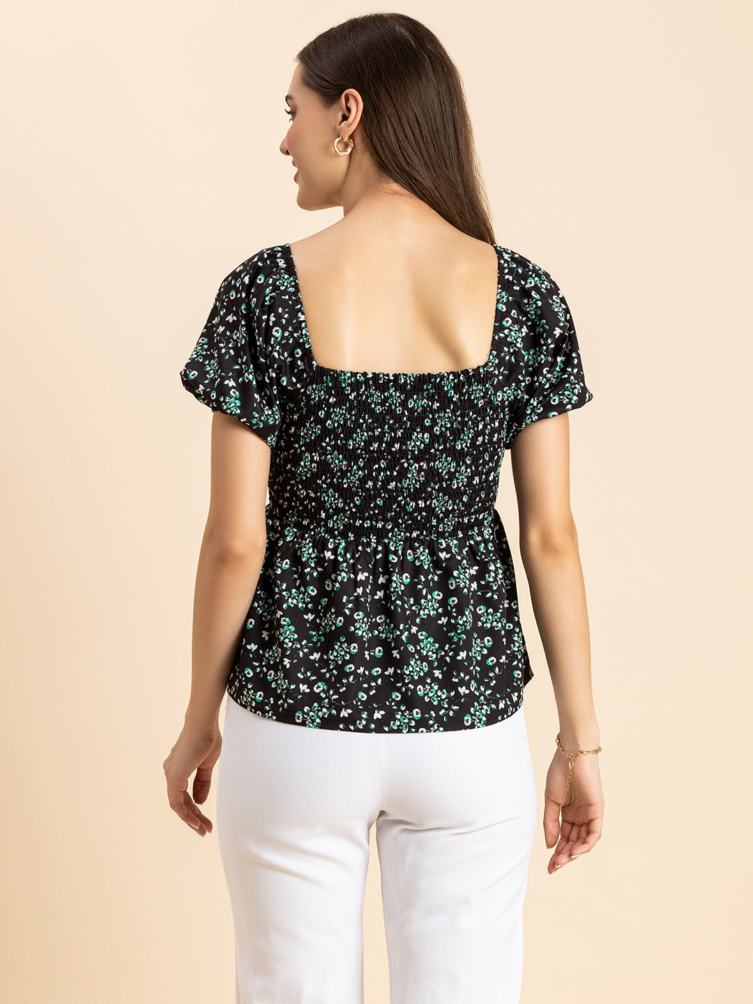 Printed Smocked Square Neck