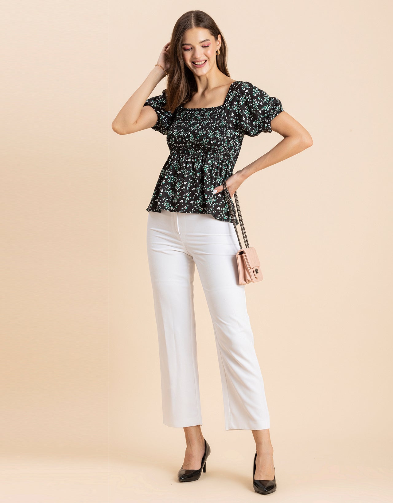 Printed Smocked Square Neck