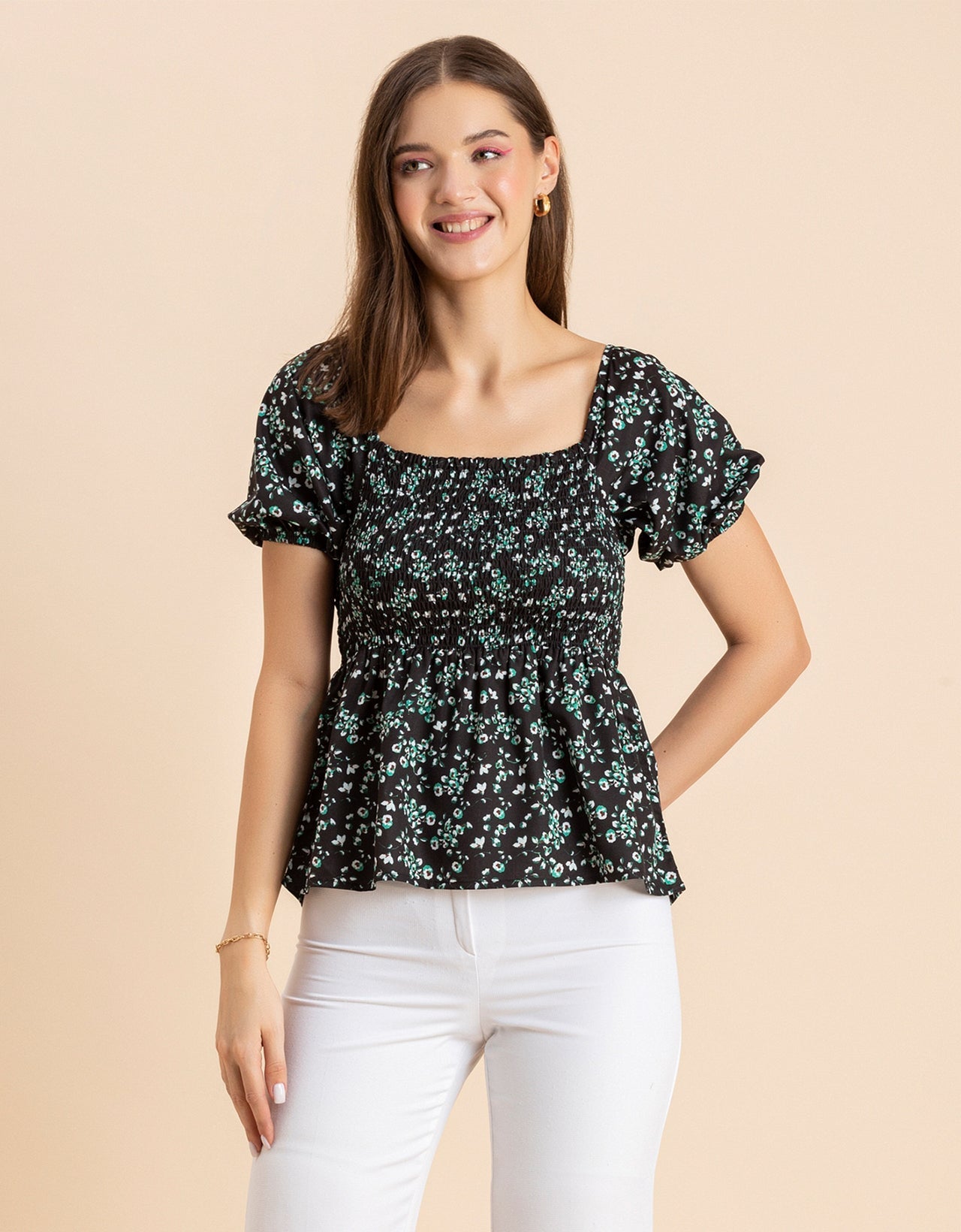 Printed Smocked Square Neck