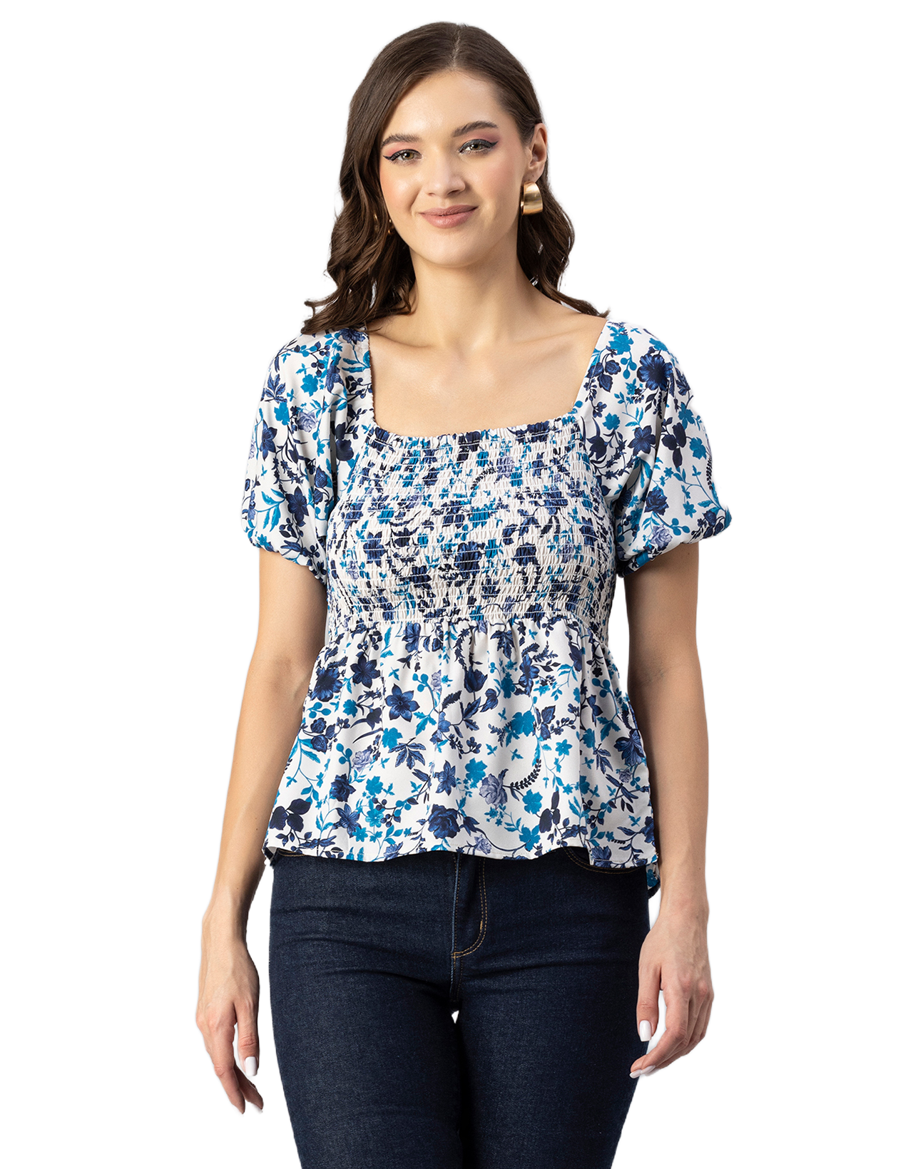 Printed Smocked Square Neck