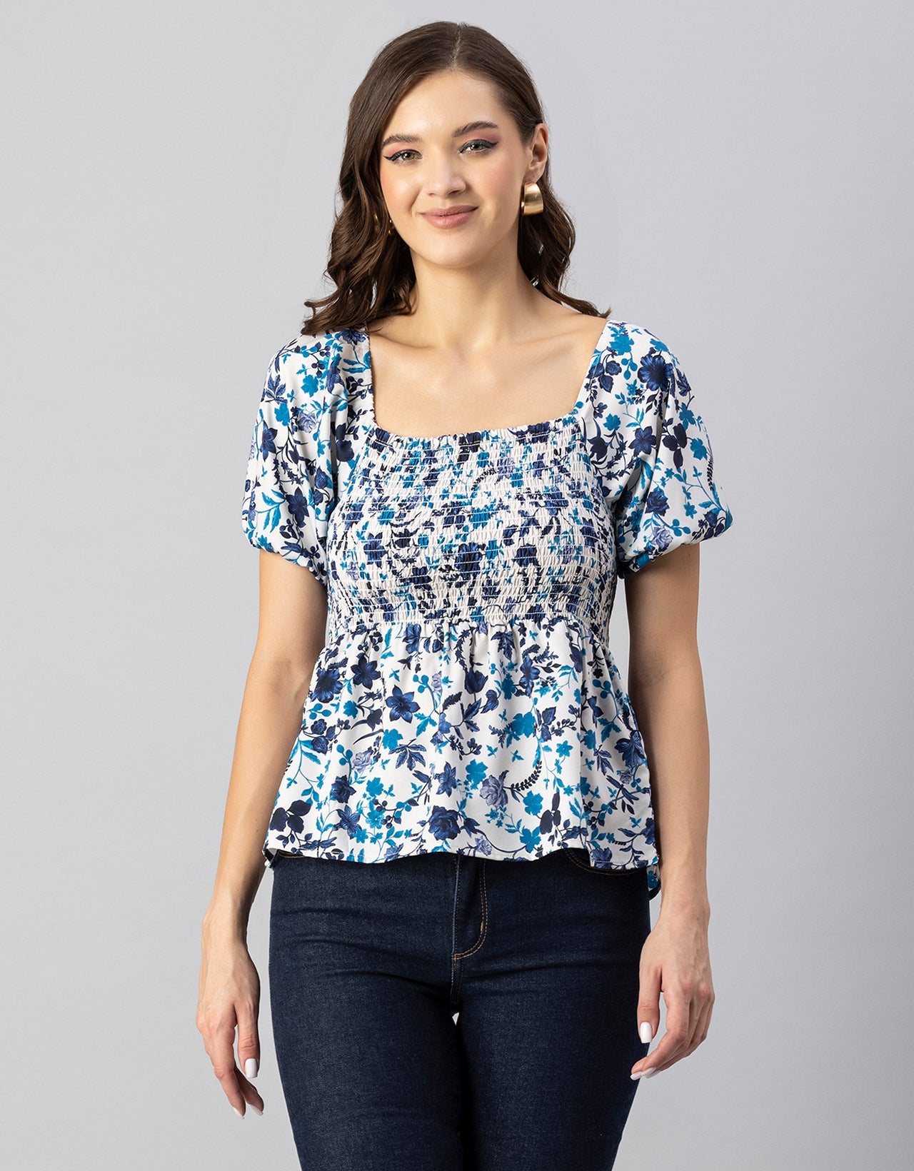 Printed Smocked Square Neck