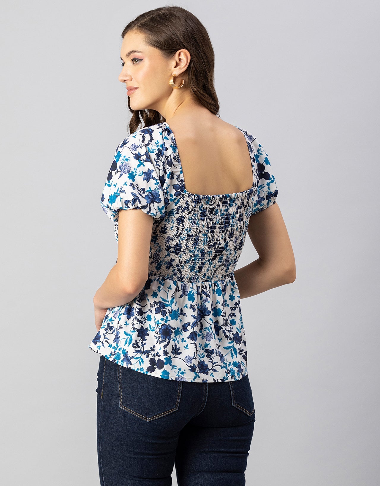 Printed Smocked Square Neck