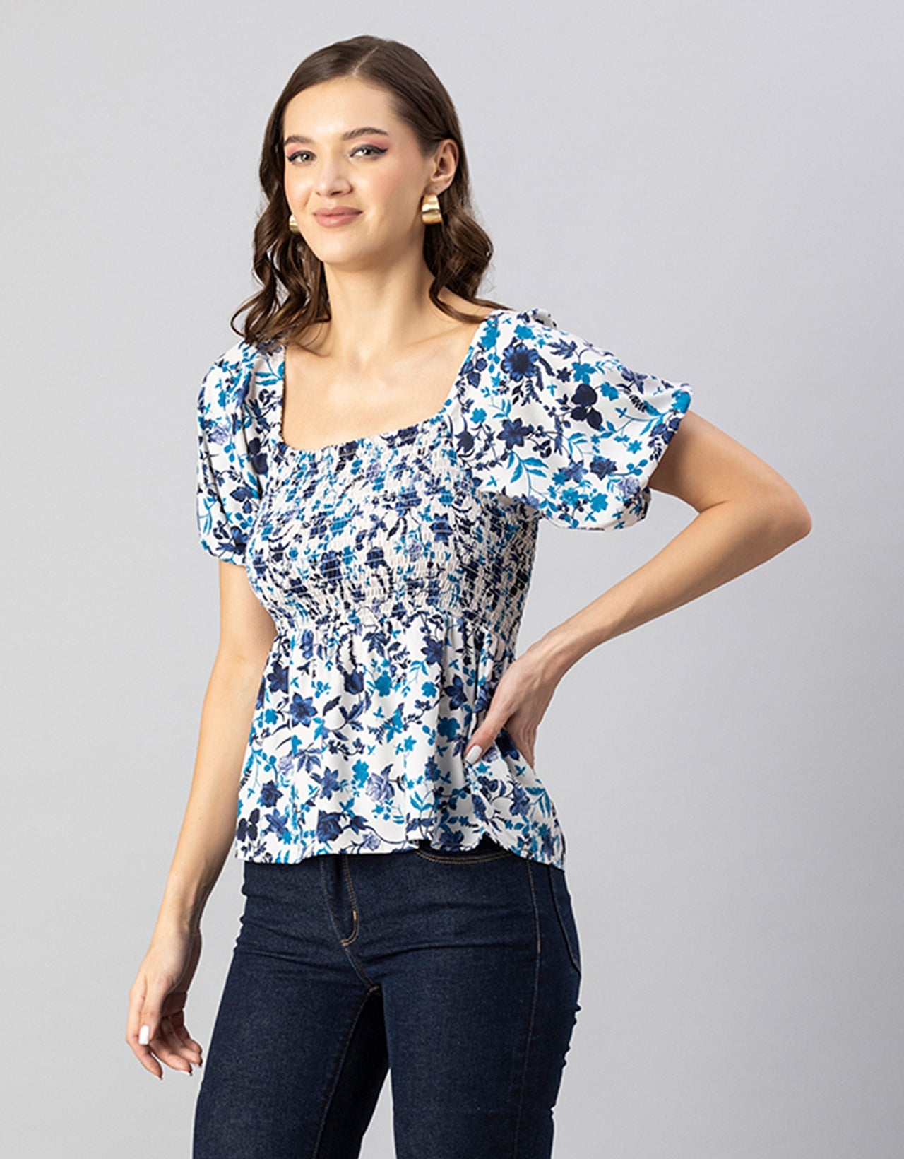 Printed Smocked Square Neck