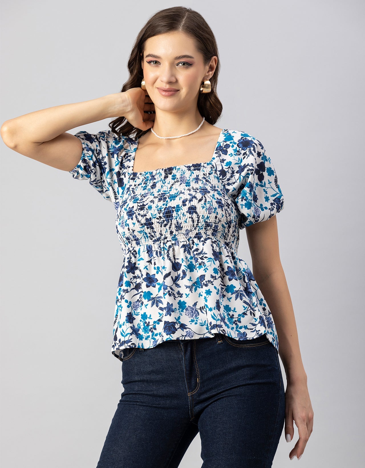 Printed Smocked Square Neck