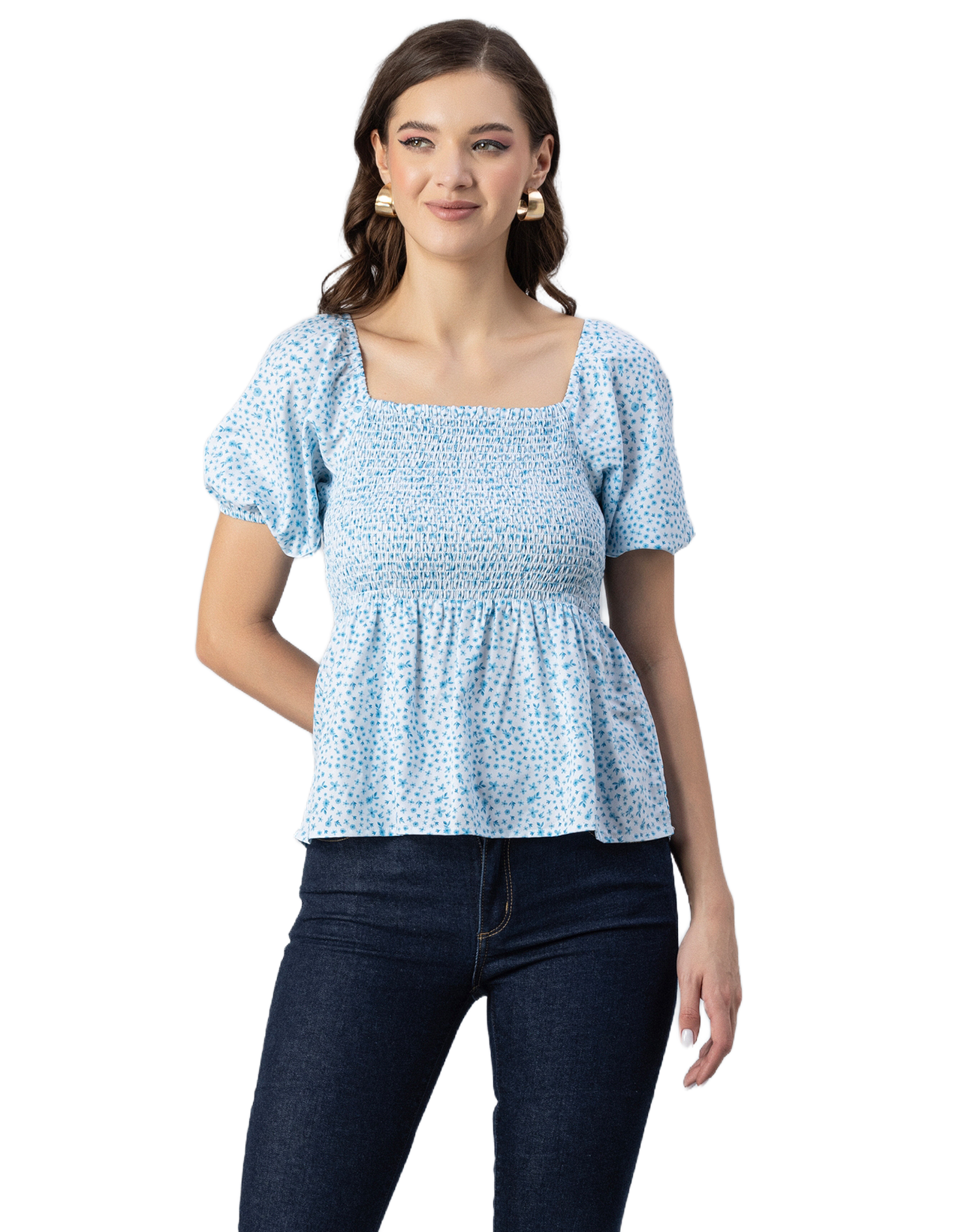 Printed Smocked Square Neck