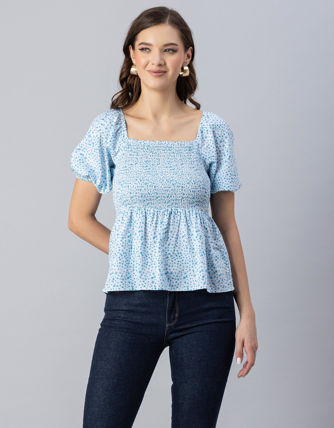 Printed Smocked Square Neck
