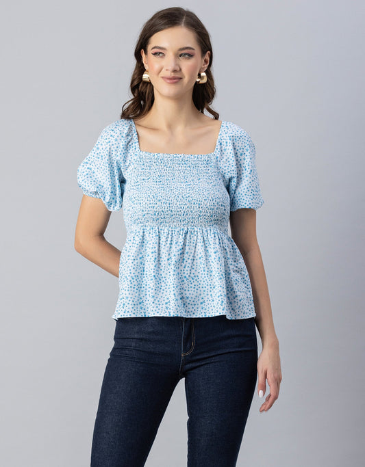 Printed Smocked Square Neck