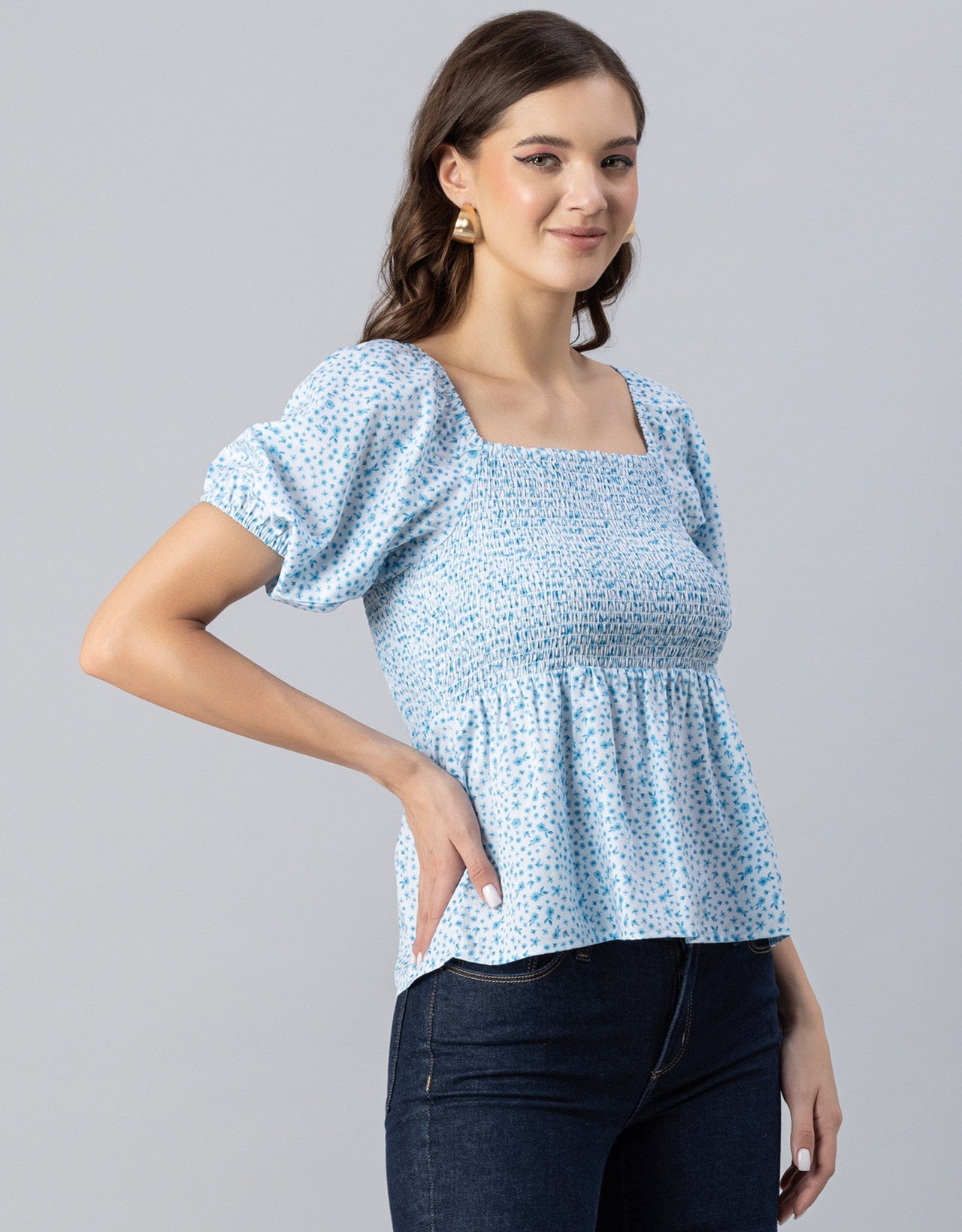 Printed Smocked Square Neck