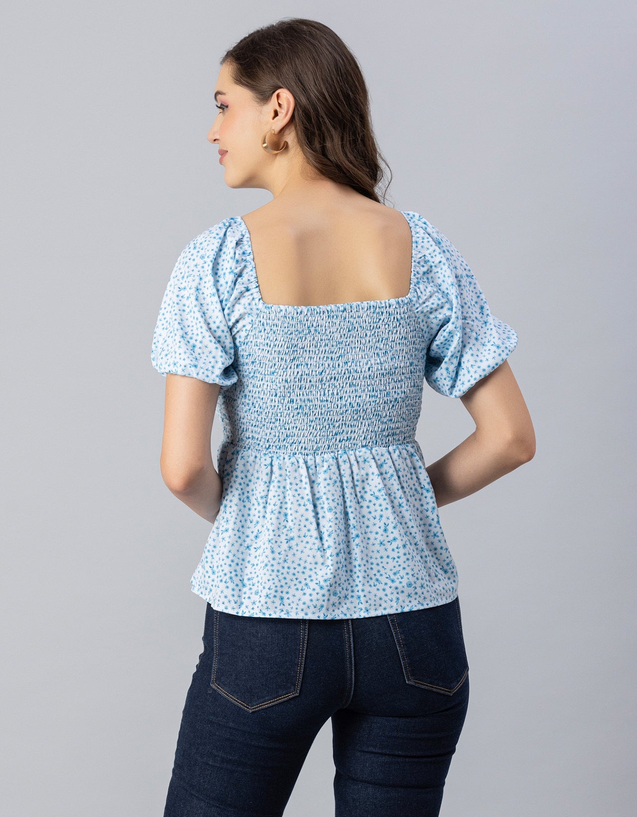 Printed Smocked Square Neck