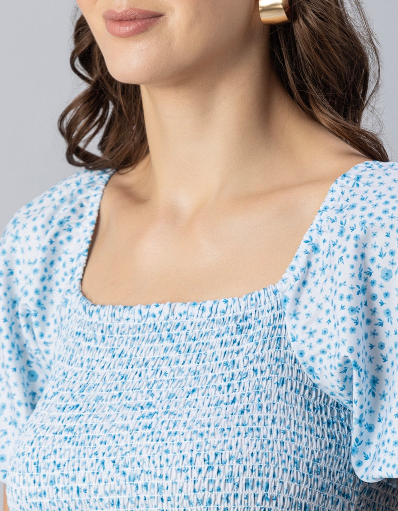 Printed Smocked Square Neck