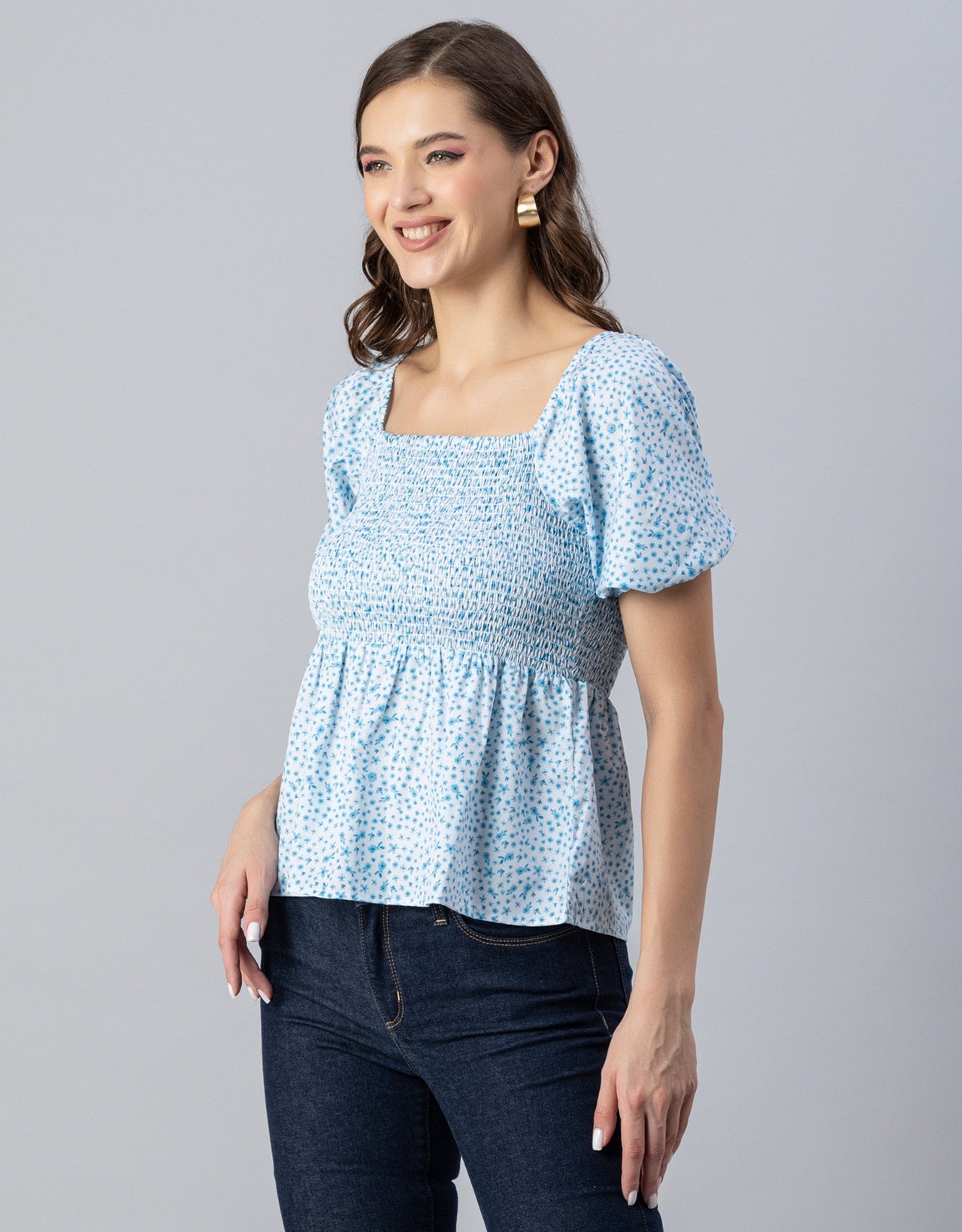 Printed Smocked Square Neck