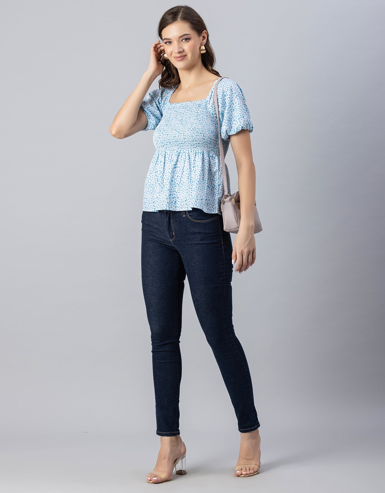 Printed Smocked Square Neck