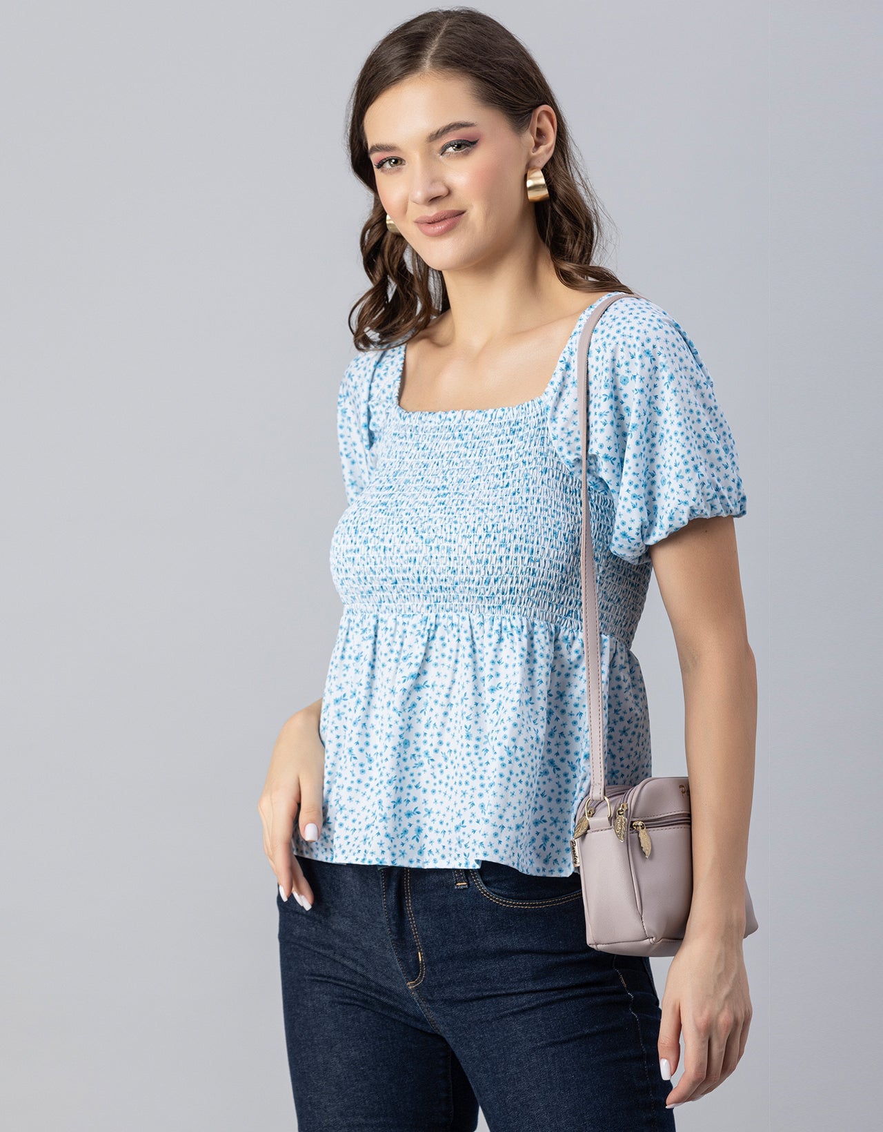 Printed Smocked Square Neck