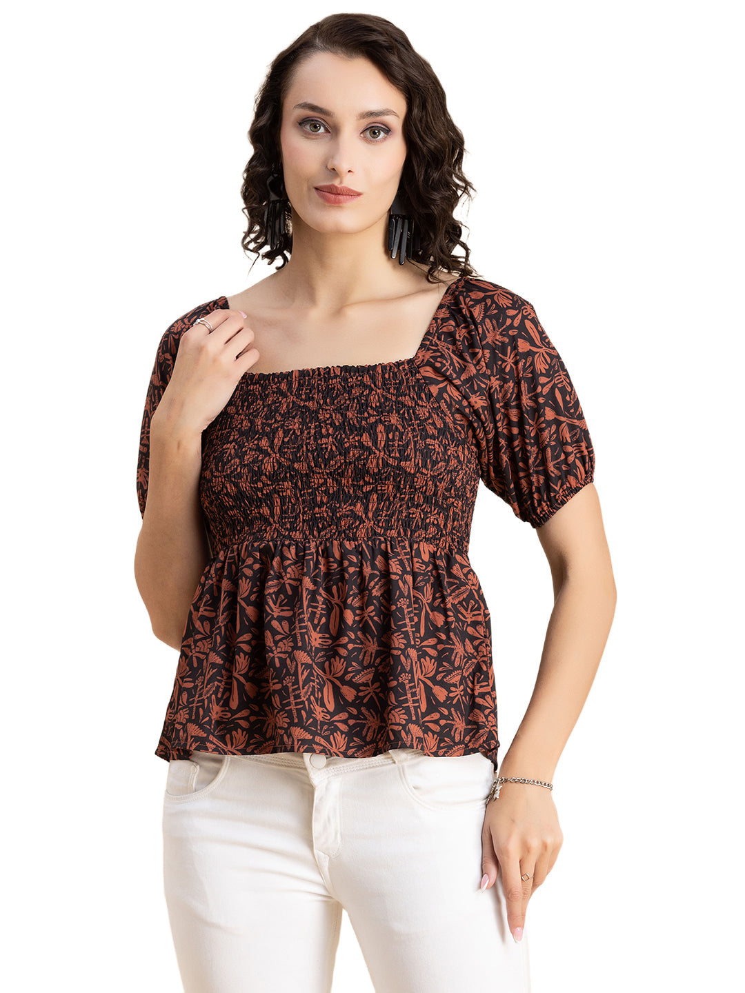 Printed Smocked Square Neck