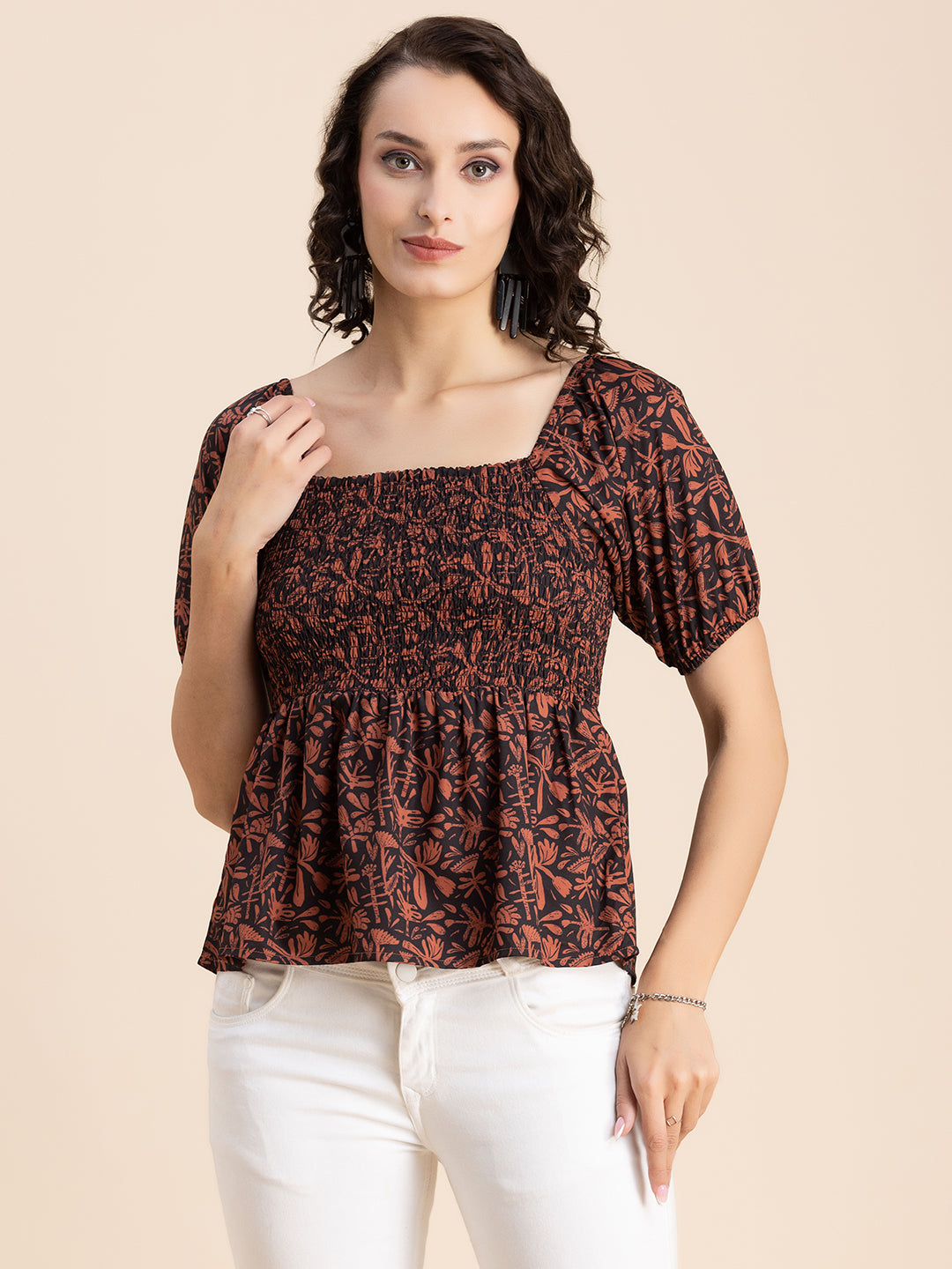 Printed Smocked Square Neck