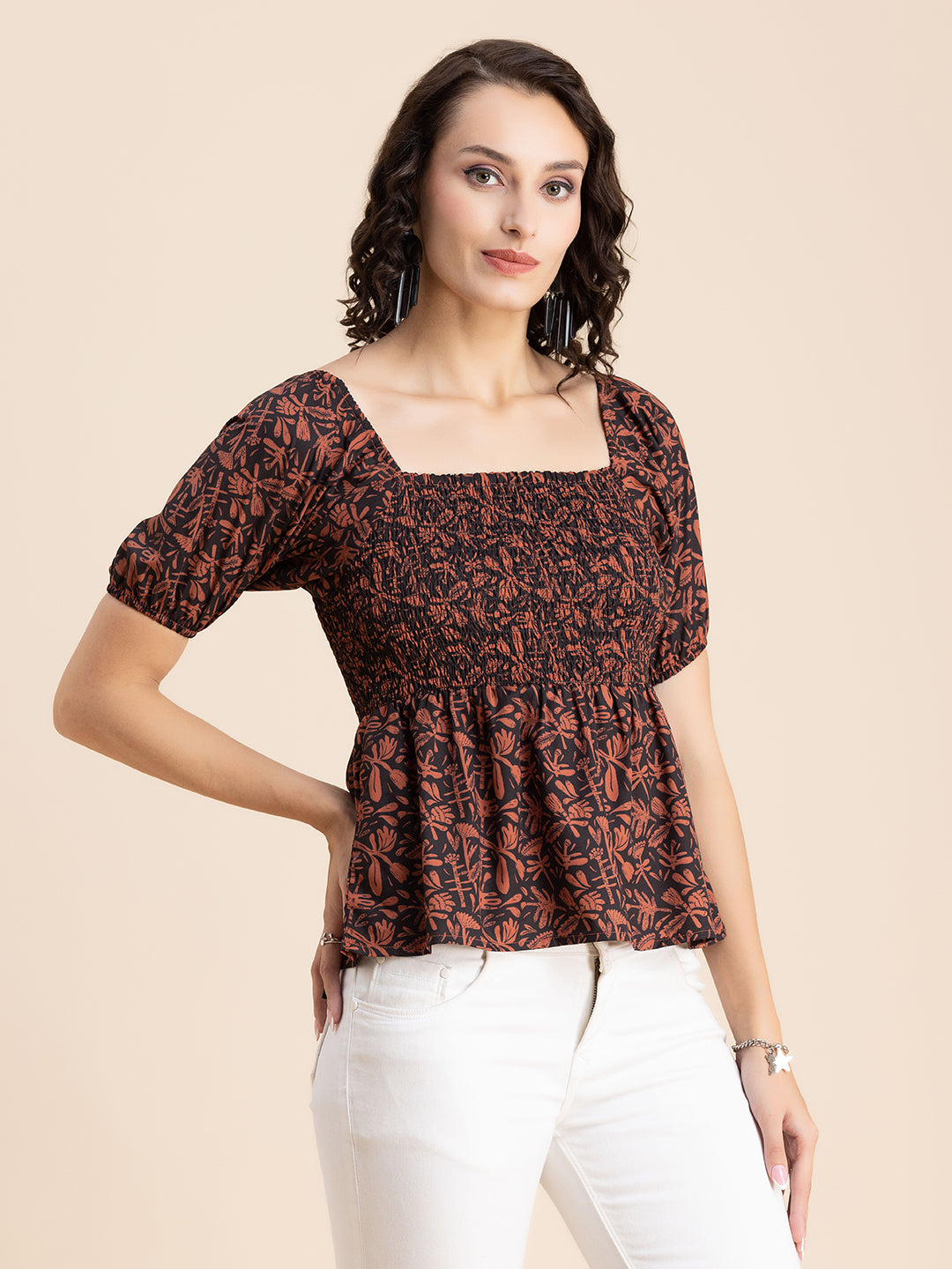Printed Smocked Square Neck