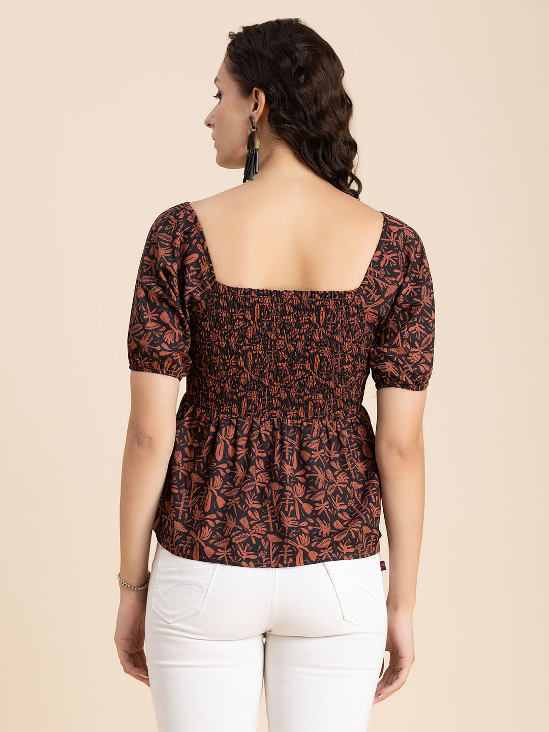 Printed Smocked Square Neck