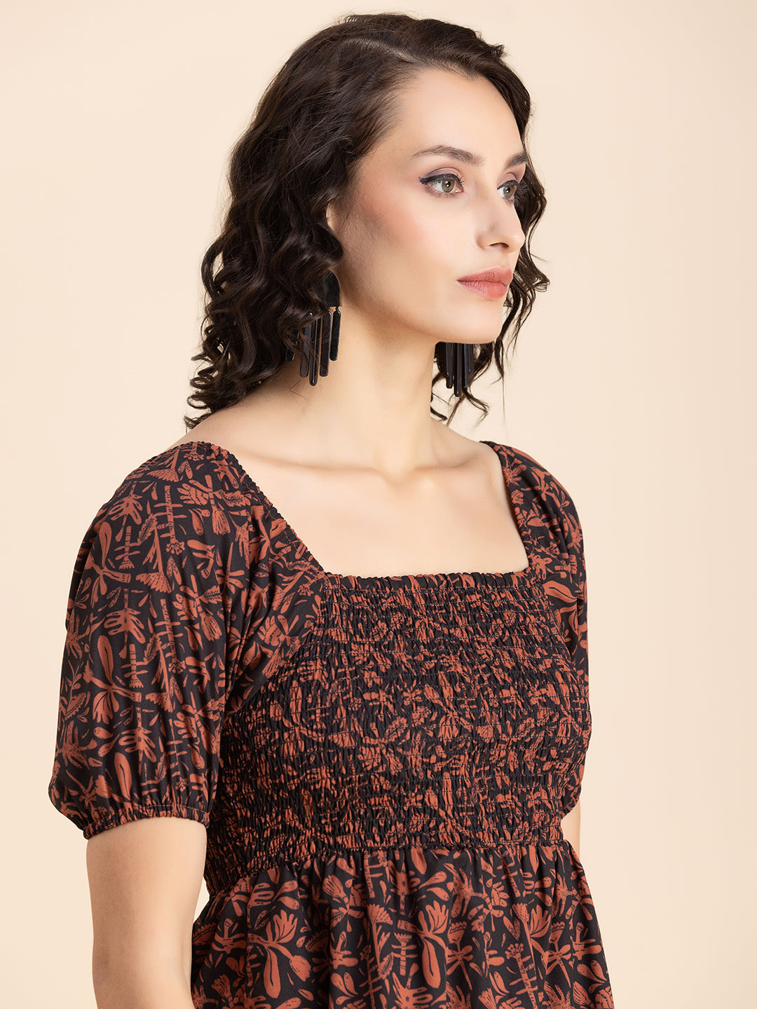 Printed Smocked Square Neck