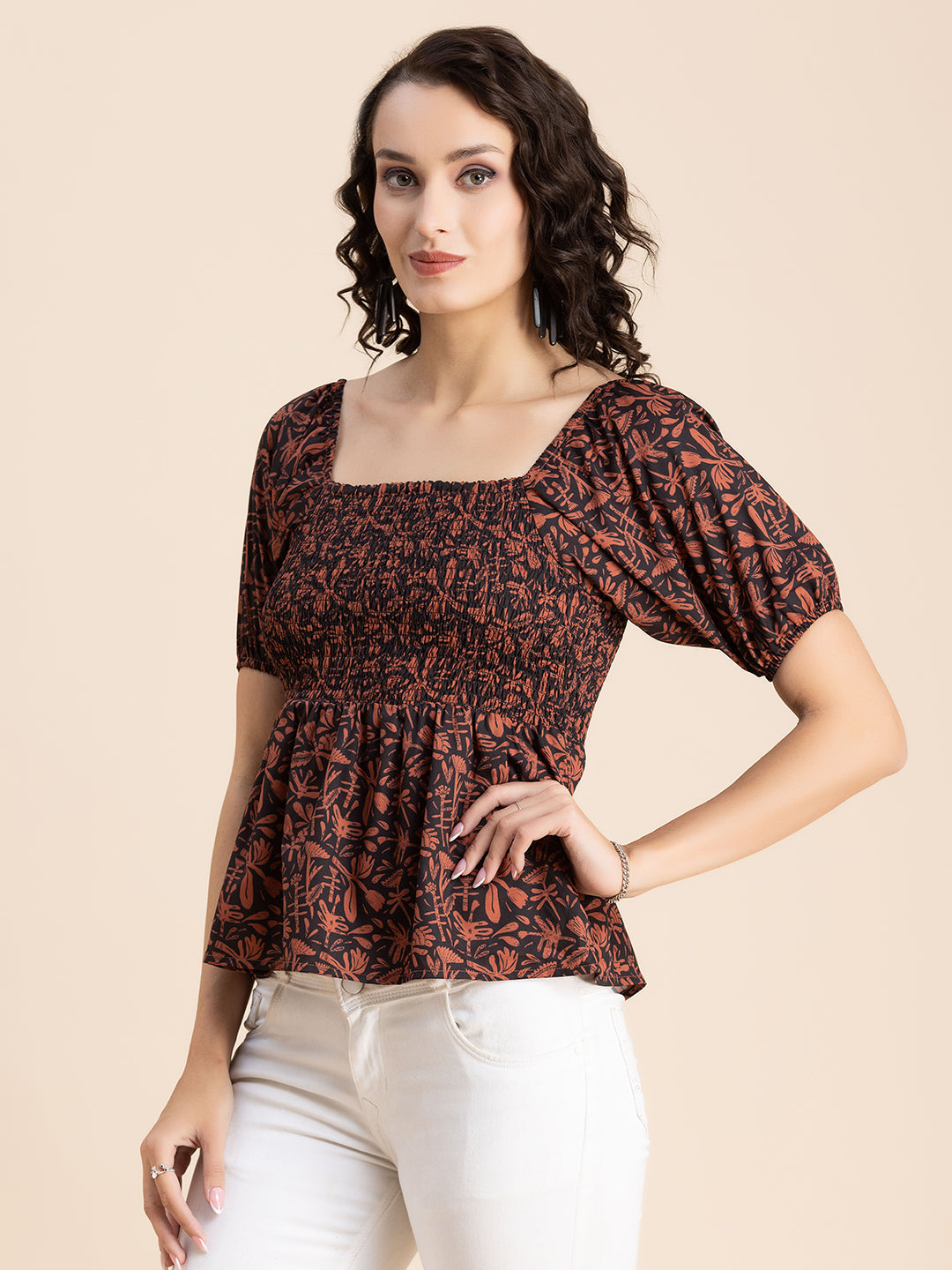 Printed Smocked Square Neck