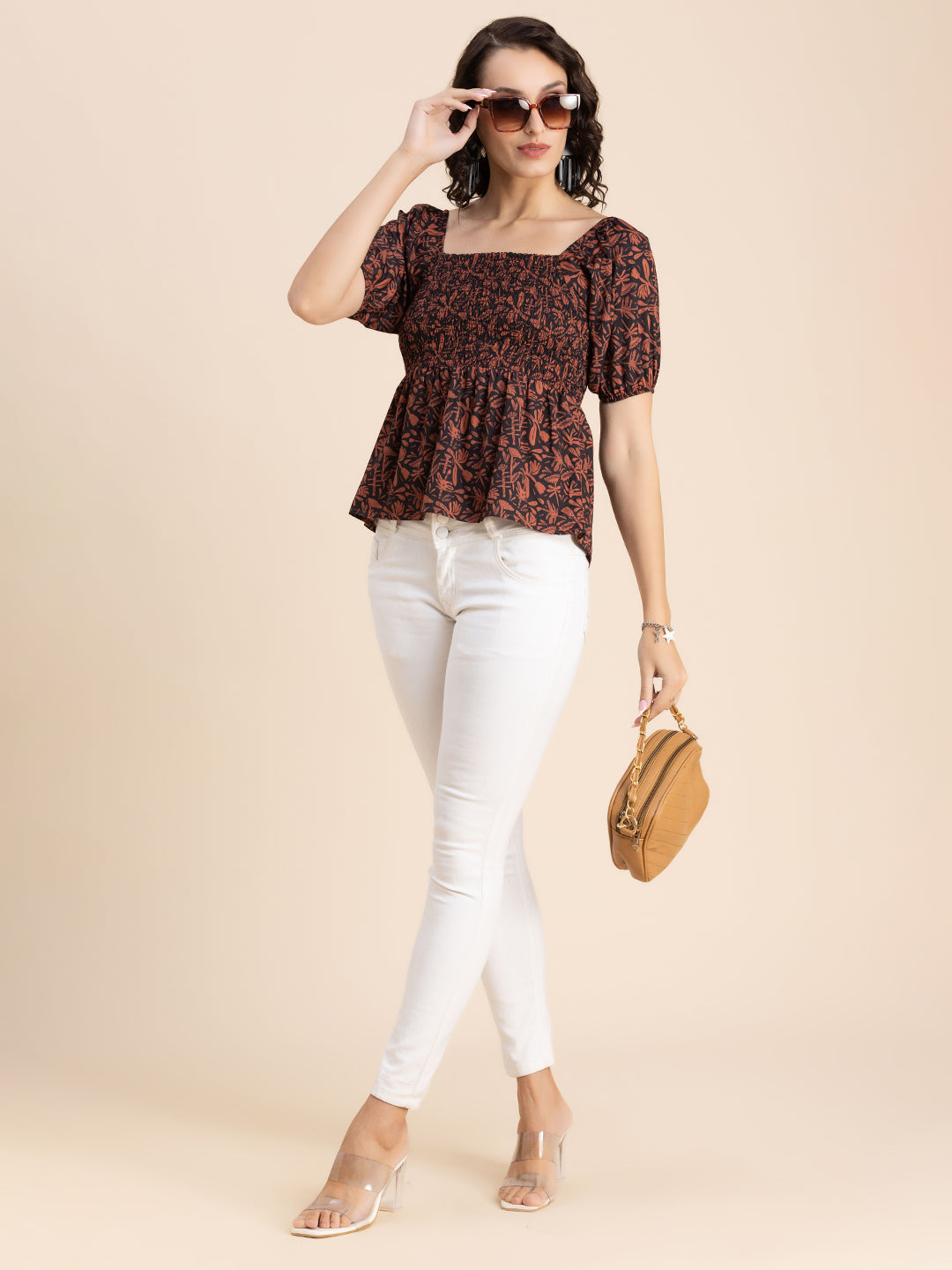 Printed Smocked Square Neck
