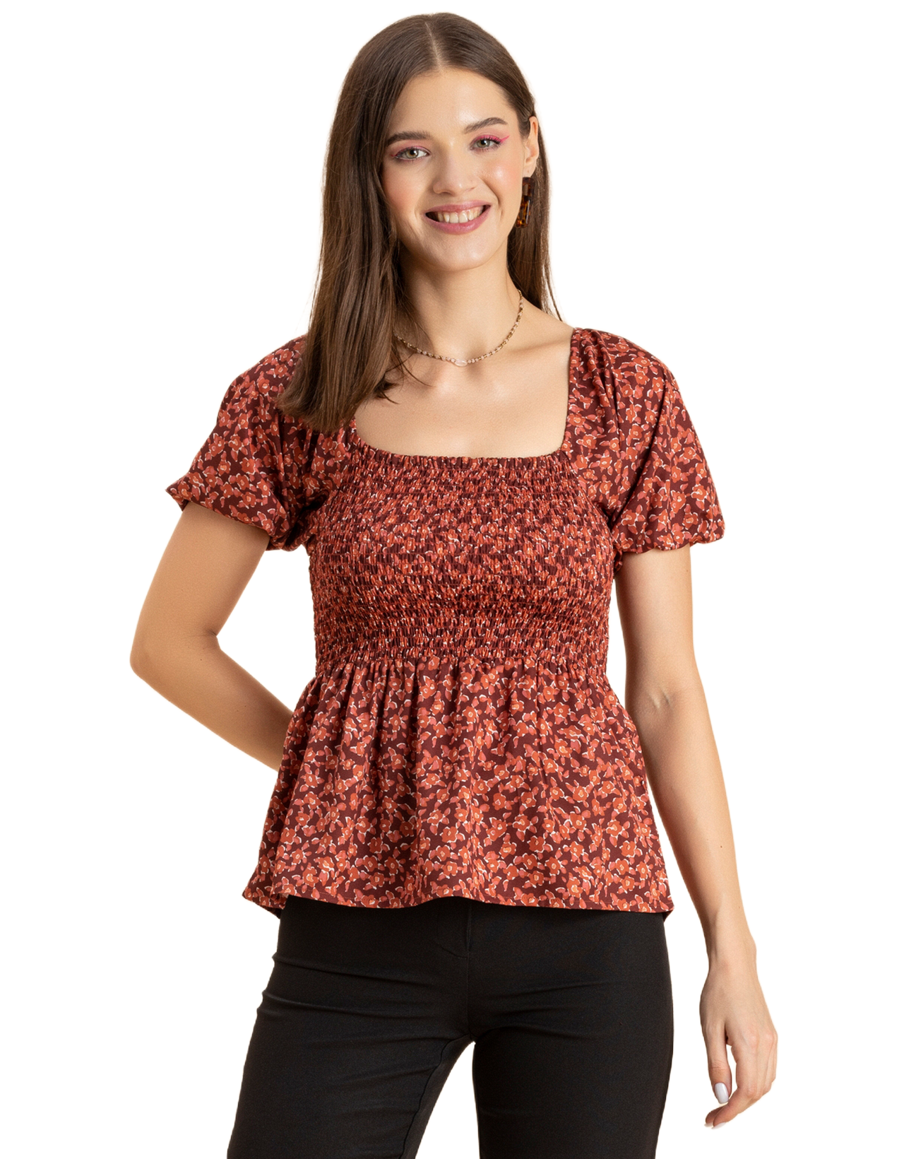 Printed Smocked Square Neck