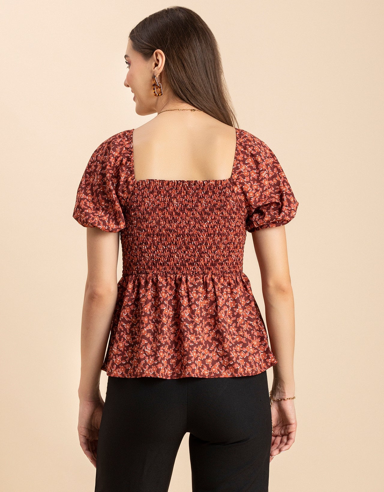 Printed Smocked Square Neck
