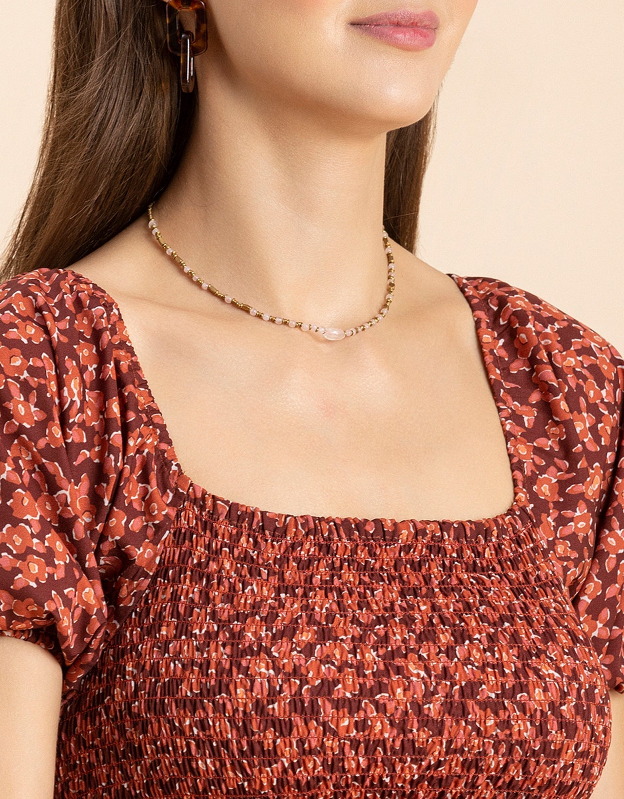 Printed Smocked Square Neck