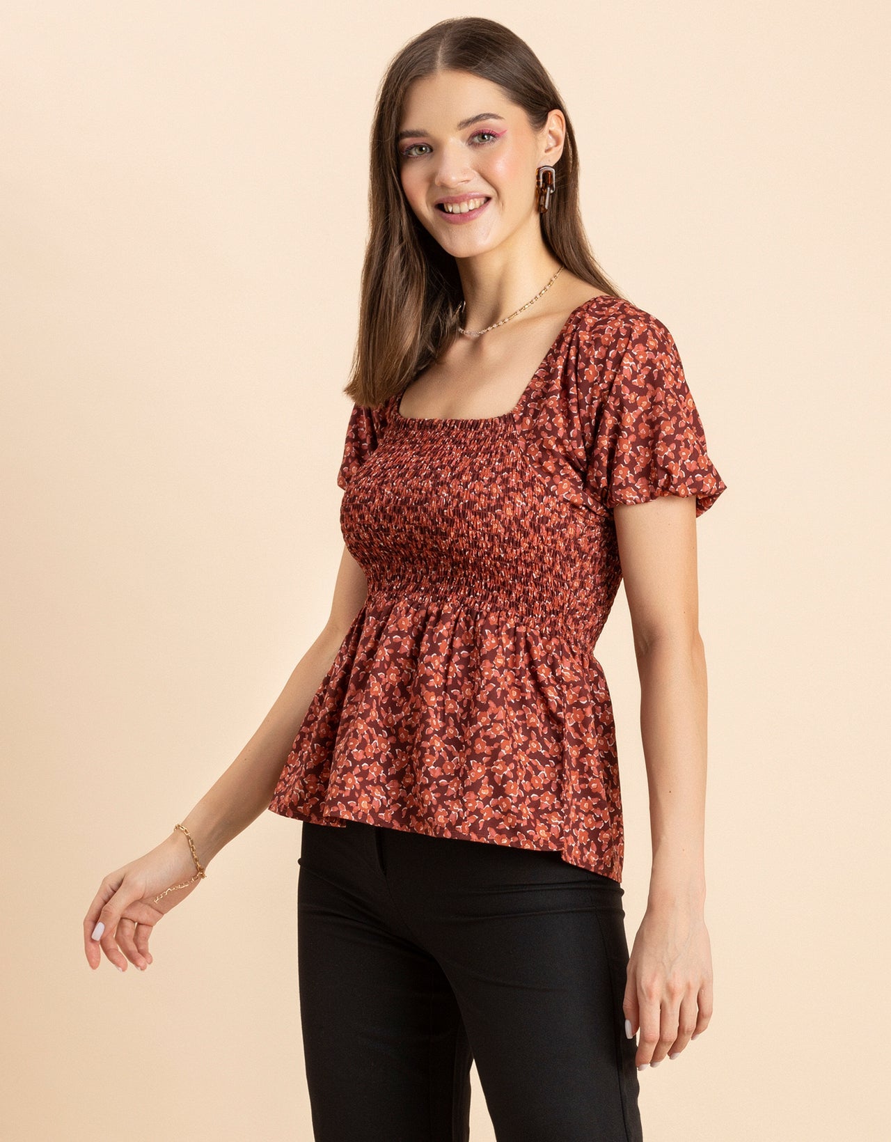 Printed Smocked Square Neck