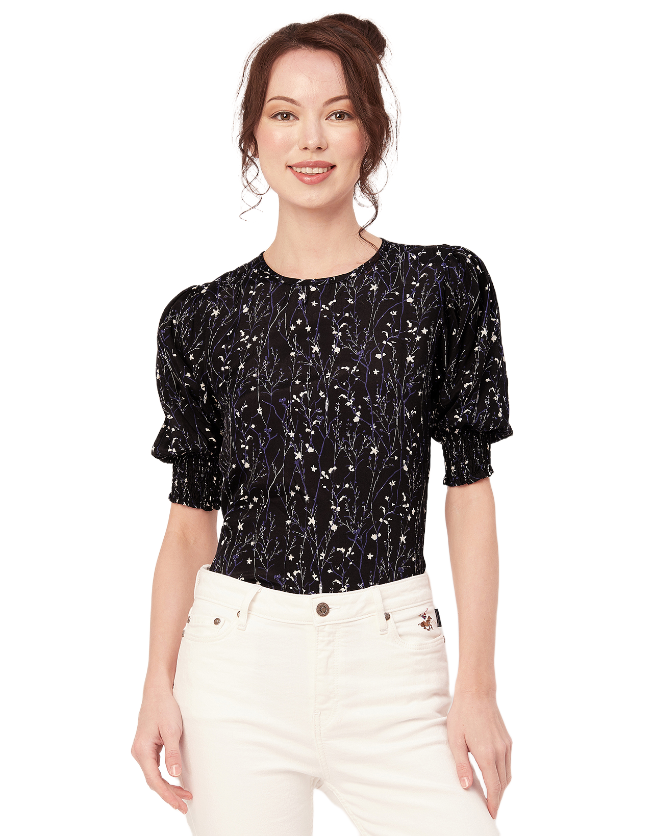 Printed Smocked Round Neck