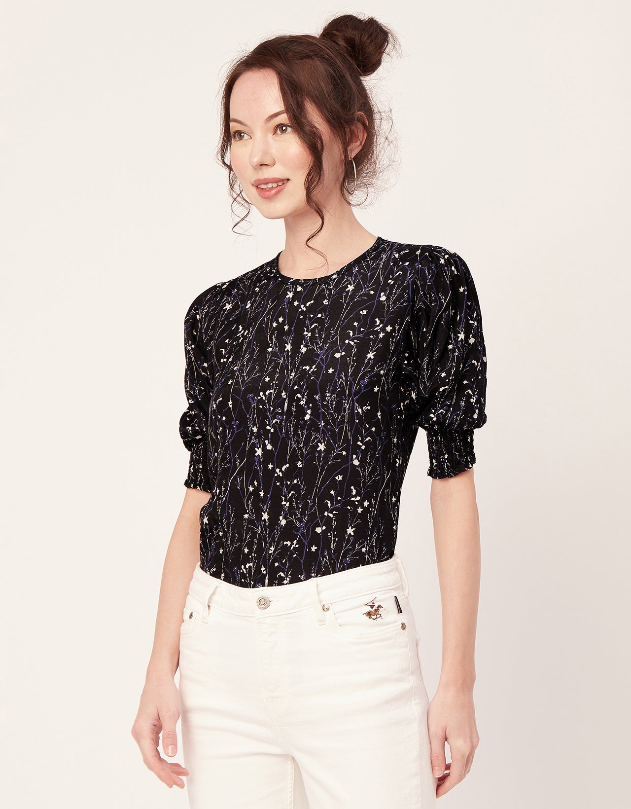 Printed Smocked Round Neck