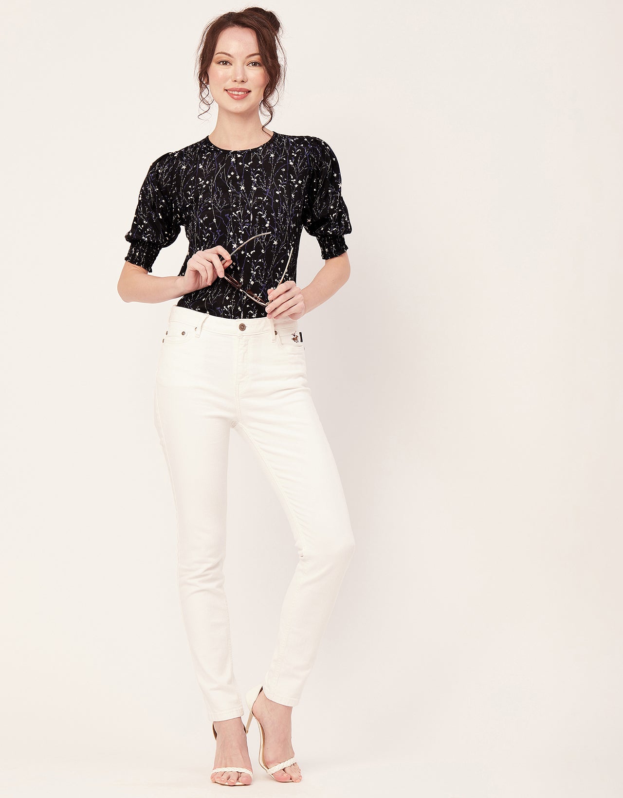 Printed Smocked Round Neck