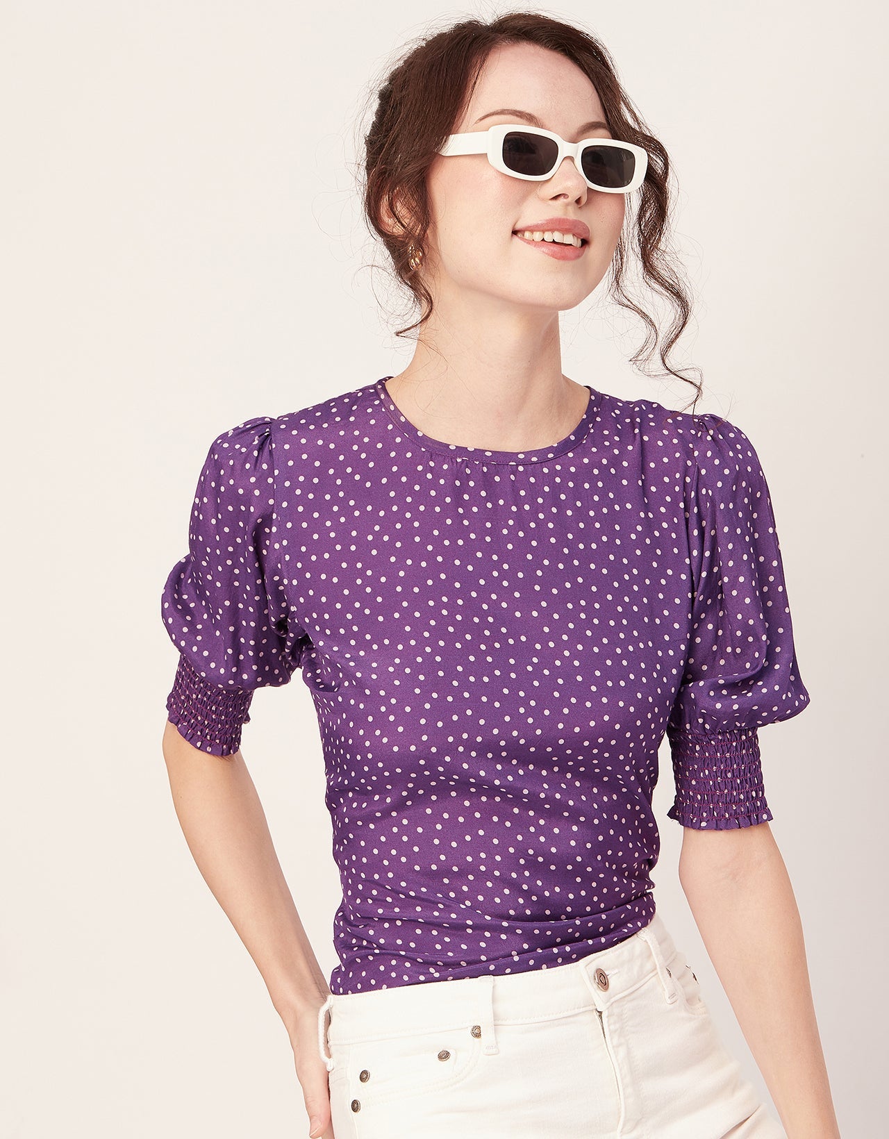 Printed Smocked Round Neck