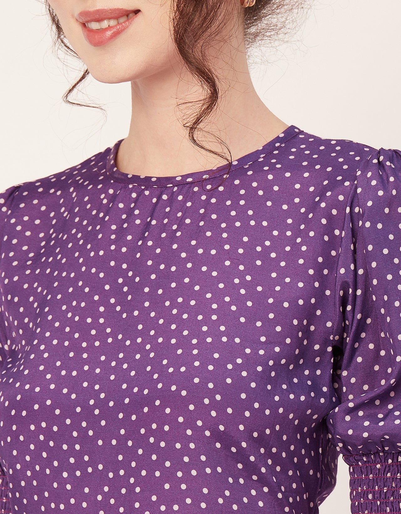 Printed Smocked Round Neck