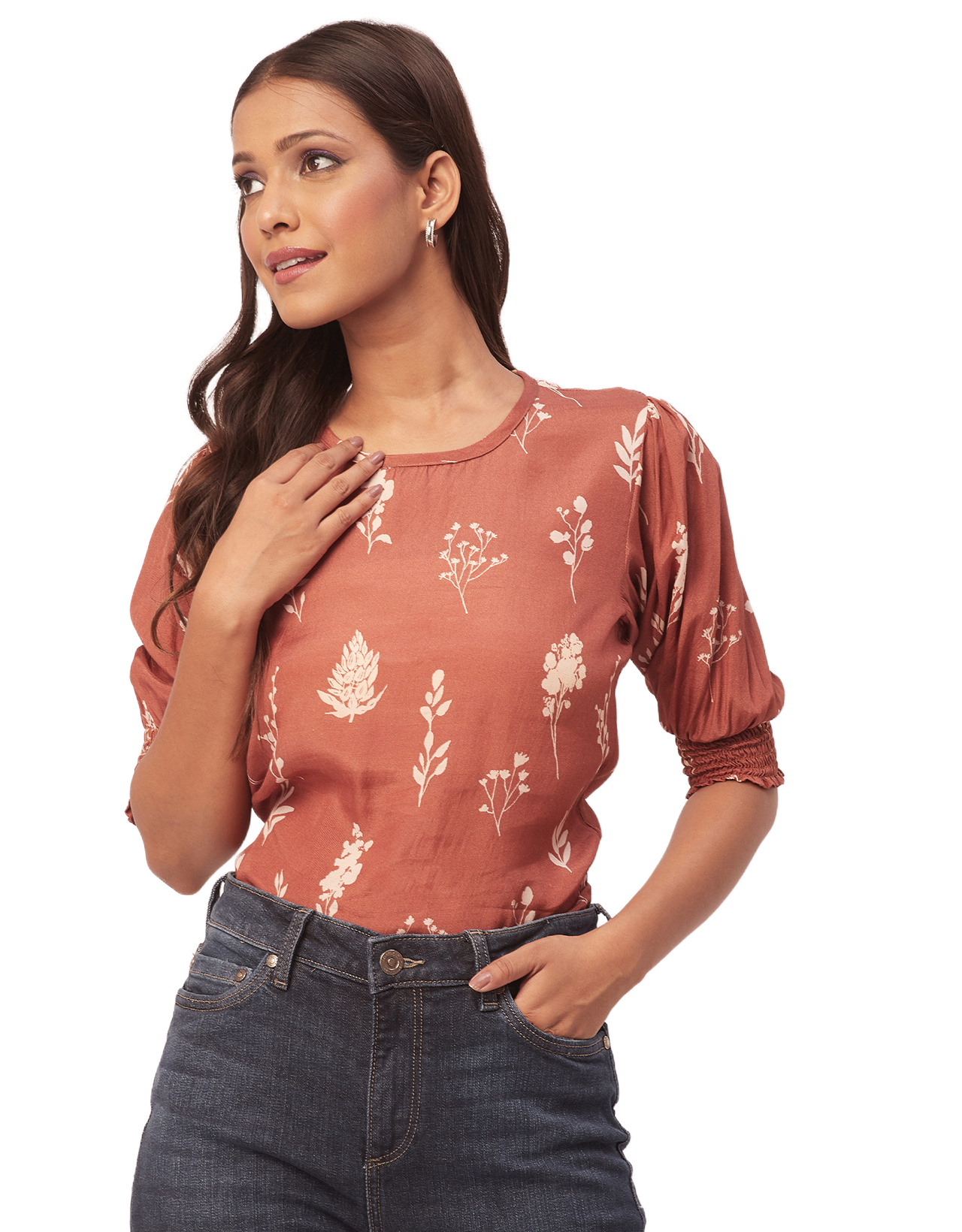 Printed Smocked Round Neck