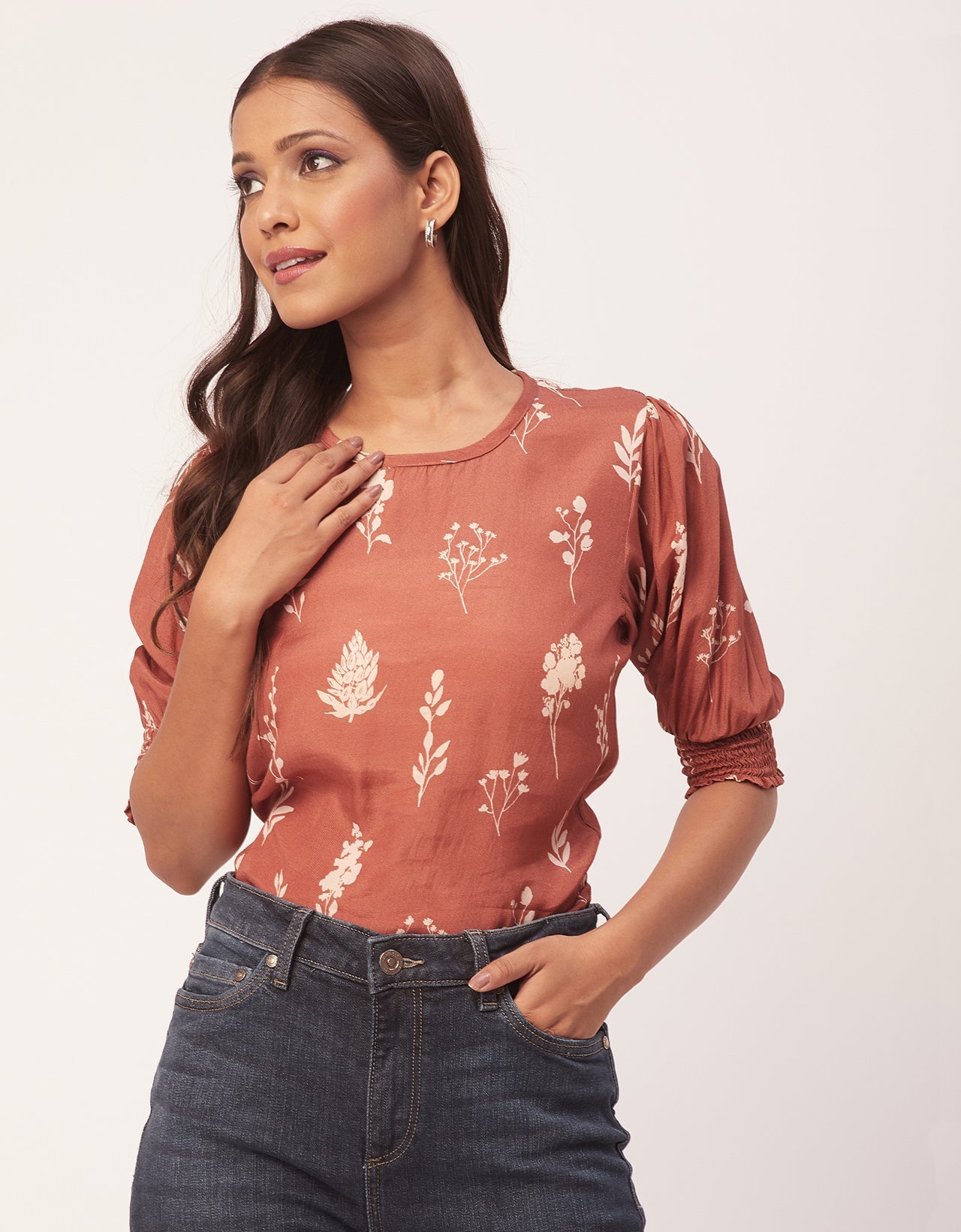 Printed Smocked Round Neck