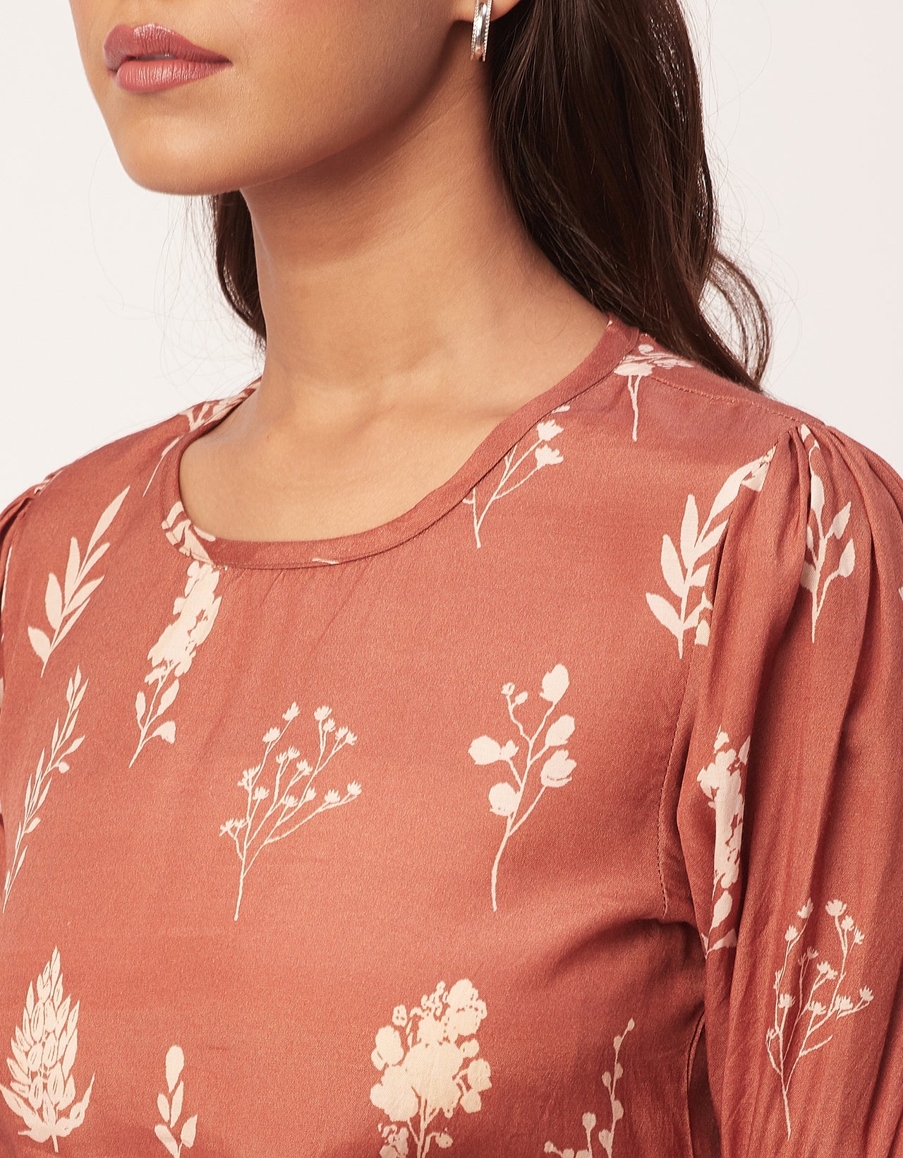 Printed Smocked Round Neck