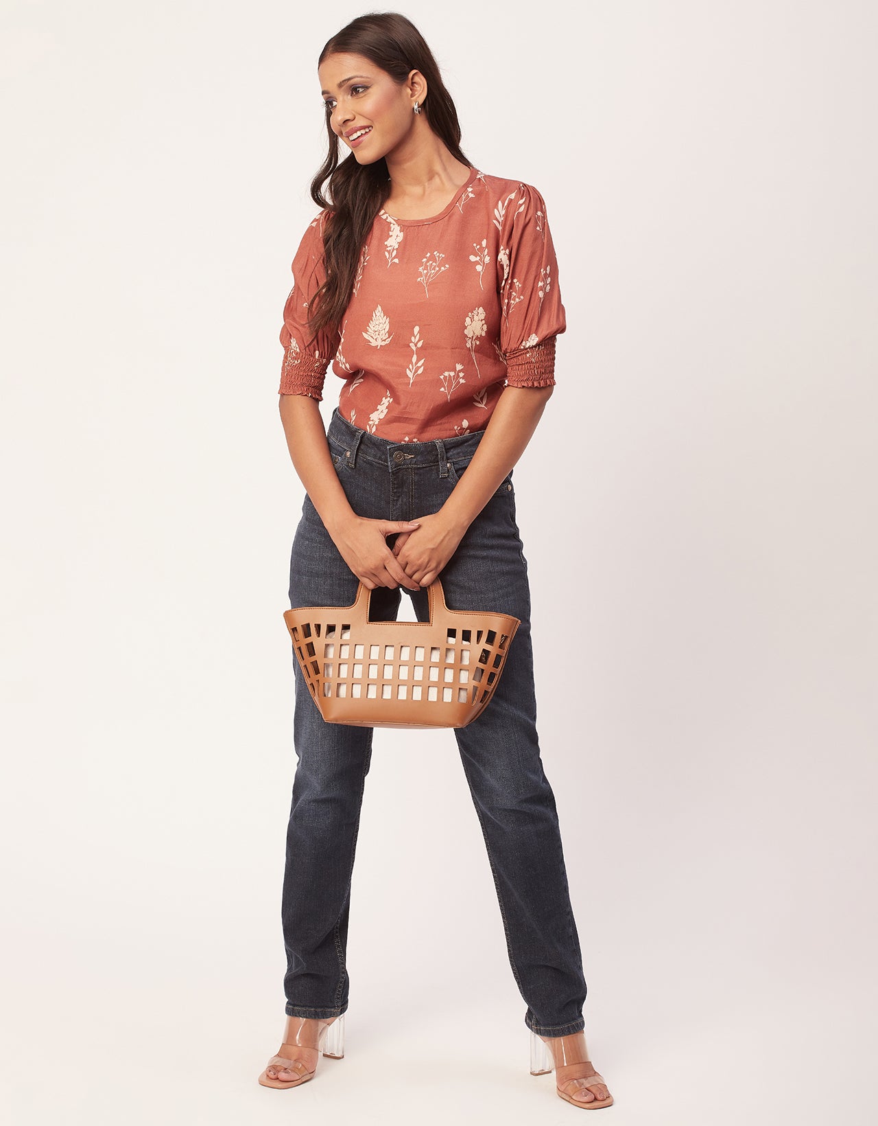 Printed Smocked Round Neck