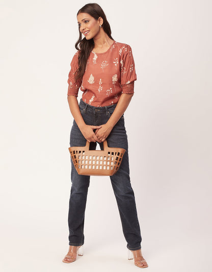 Printed Smocked Round Neck
