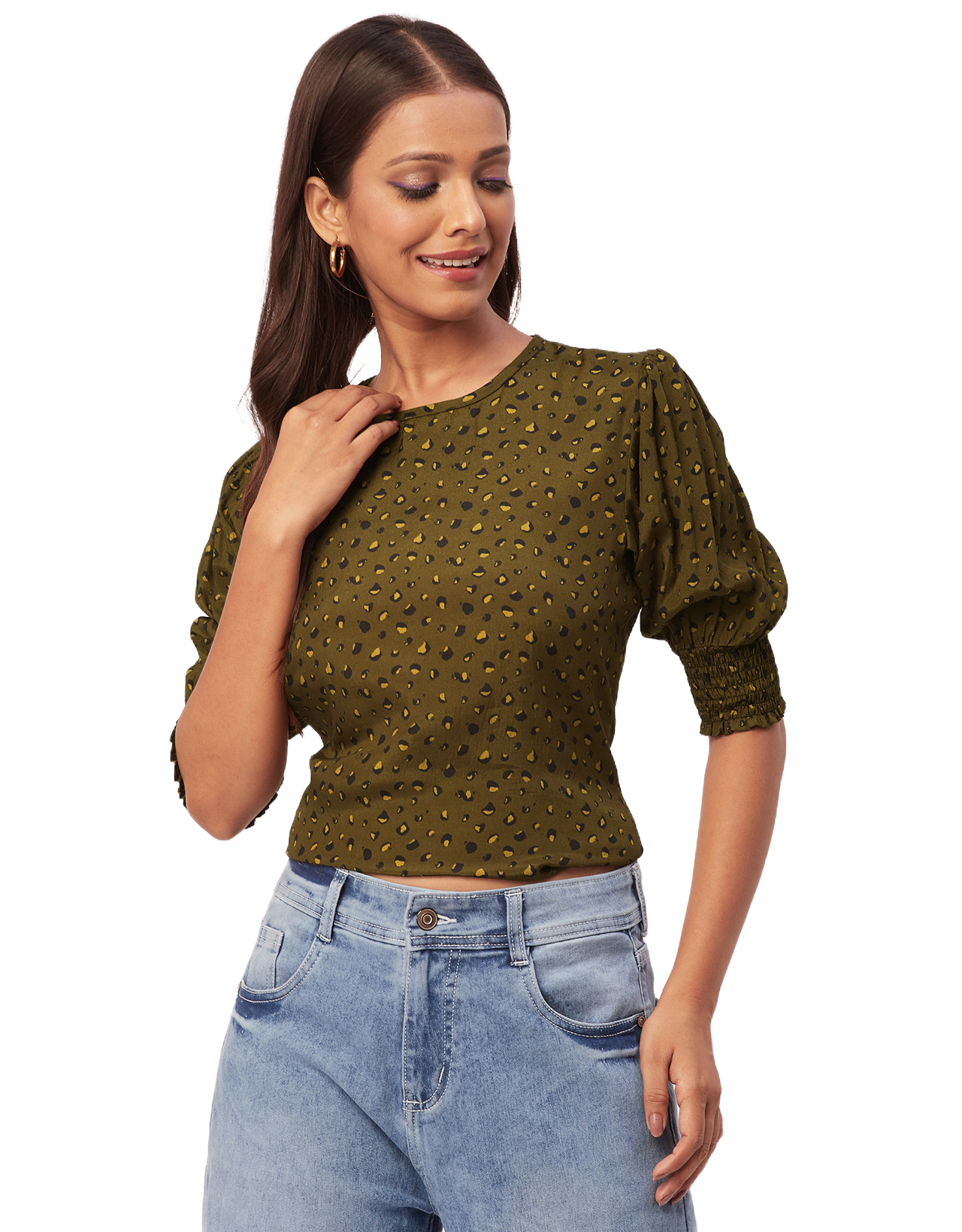 Printed Smocked Round Neck