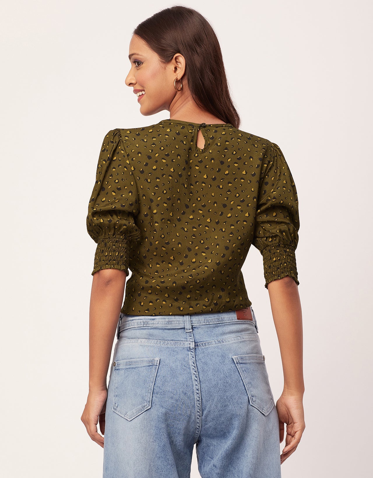 Printed Smocked Round Neck